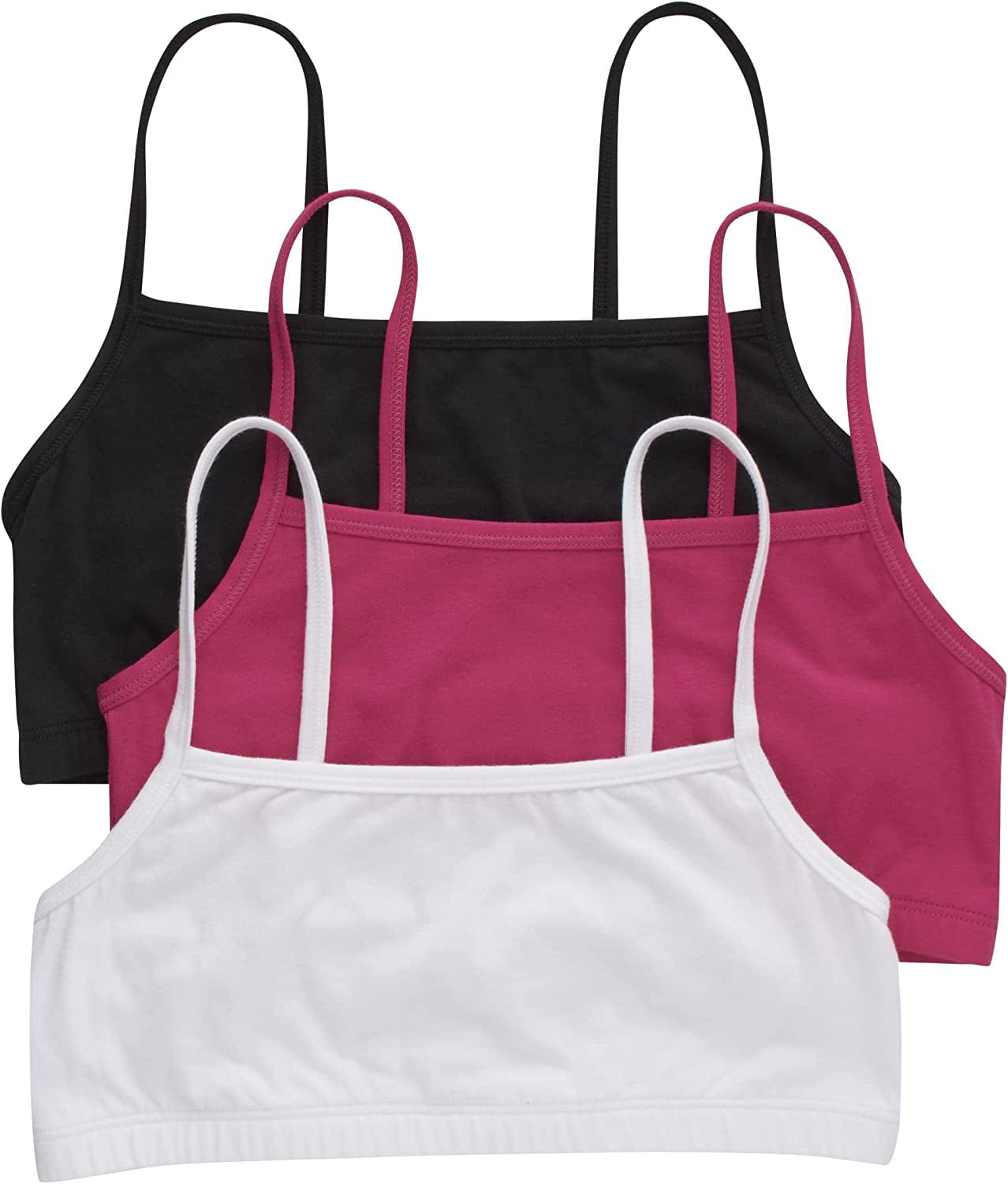Hanes Womens String Bralette Pack, Low-Impact Bra, Cooling Stretch Cotton Bralette, 3-Pack Black/Fantastic Fuchsia/White / Small