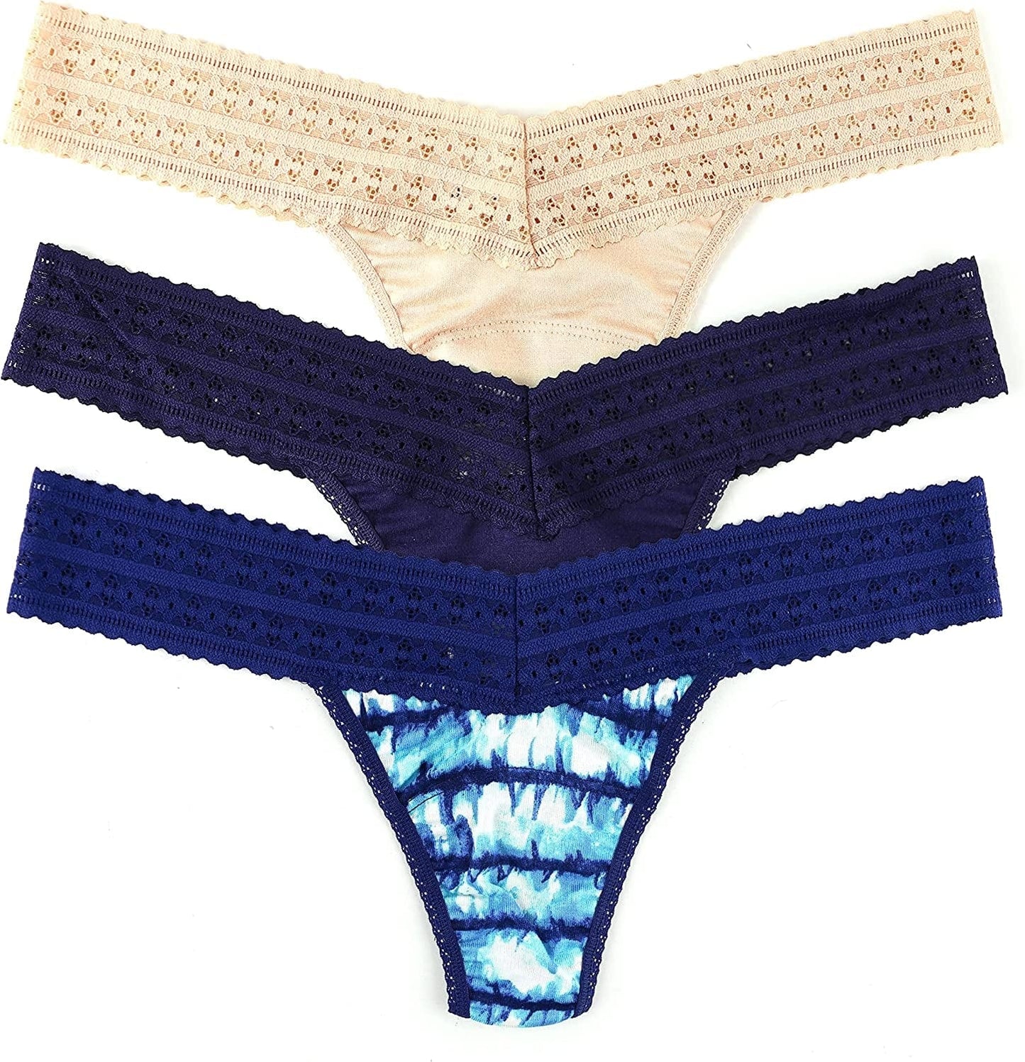Hanky Panky, Dream Tencel Modal Low Rise Thong Value 3 Pack, One Size 2-12 Indigo, Indigo Stripe, Chai / One Size