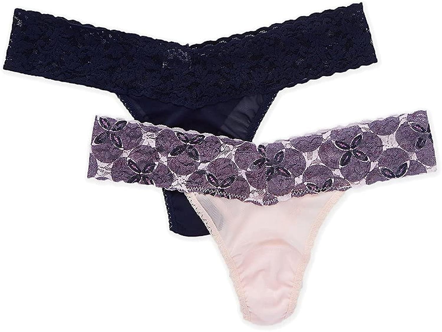 Hanky Panky, Mesh Mid Rise Thong Pack, One Size (2-12) Pinwheel Waist Band, Pink Body/ Navy Waist Band, Navy Body / OS fits 2-12