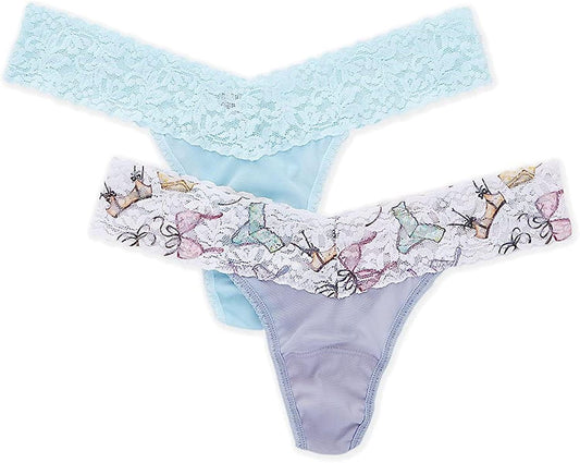 Hanky Panky, Mesh Mid Rise Thong Pack, One Size (2-12) Pretty Little Thing Waistband, Periwinkle Body/ Celeste Waistband, Celeste Body / OS fits 2-12
