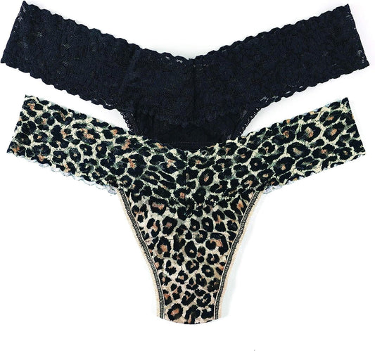 Hanky Panky, Signature Lace Original Rise Thong 2 Pack, One Size (4-14) Classic Leopard & Black / OS Fits 2-12