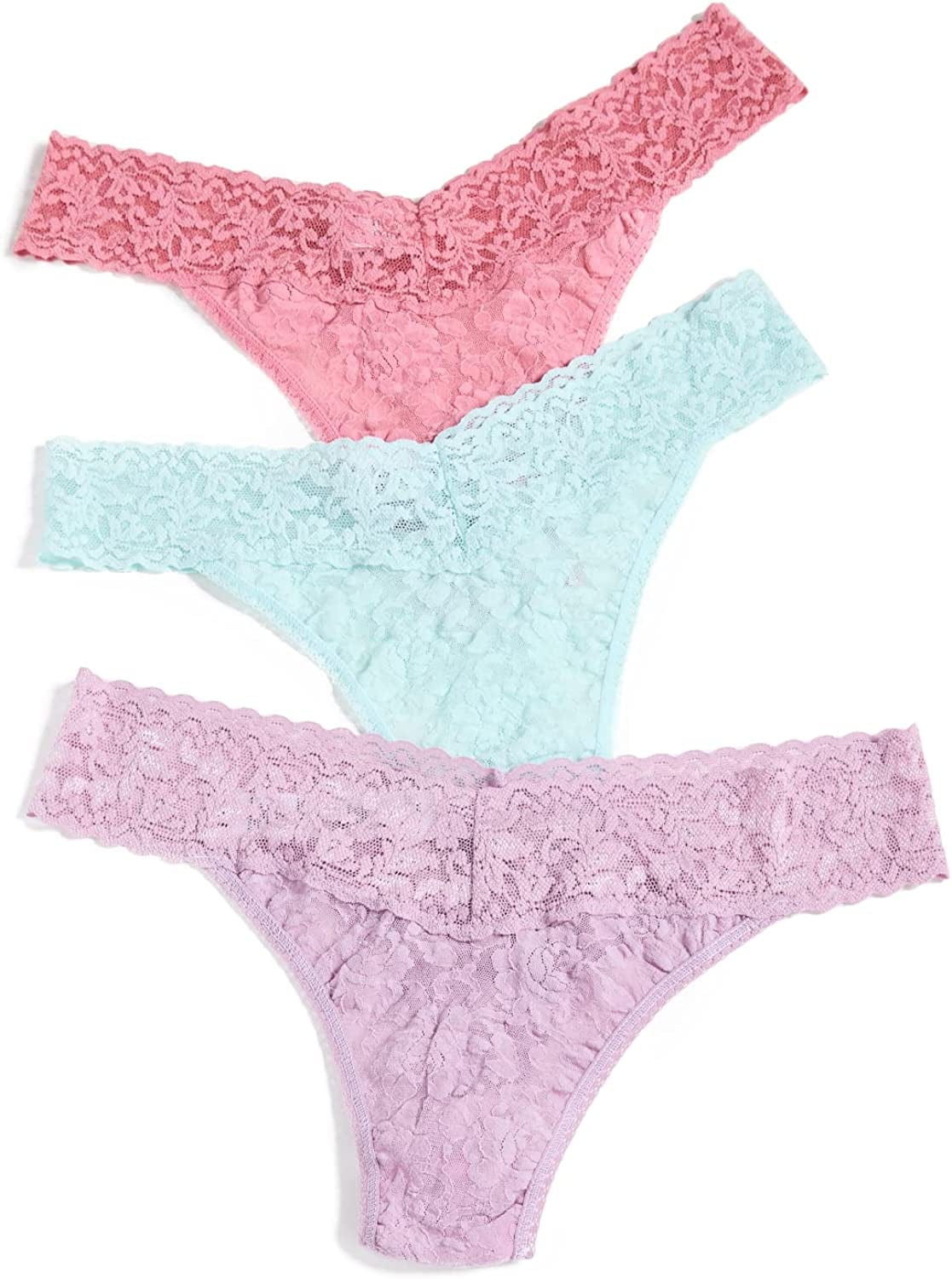 Hanky Panky, Signature Lace Original Rise Thong 3 Pack, One Size (4-14) Pink Quartz, Water Lily Purple, Crystal Blue / One Size