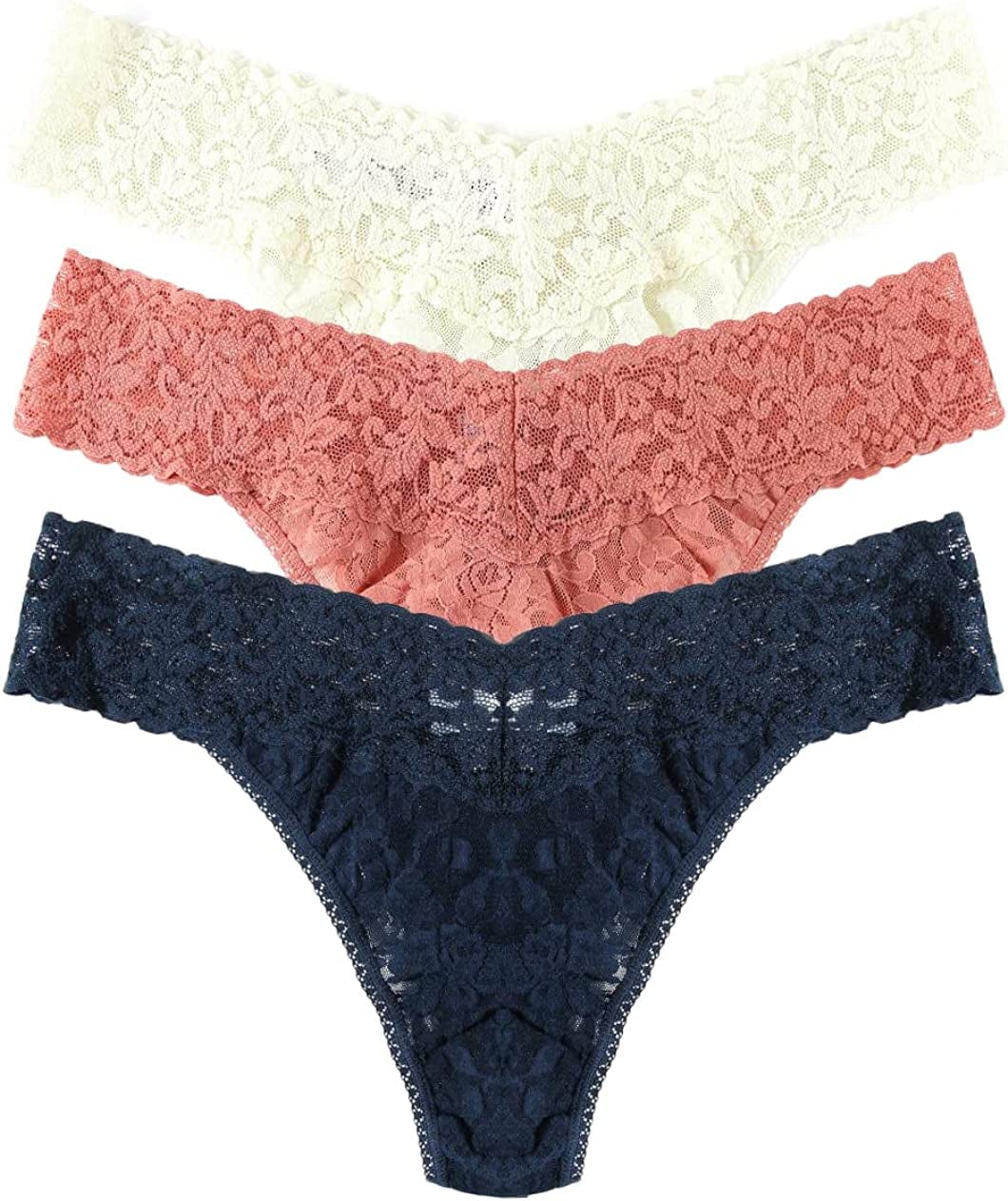 Hanky Panky, Signature Lace Original Rise Thong 3 Pack, One Size (4-14) Ivory/Himalayan Pink/Nori / One Size