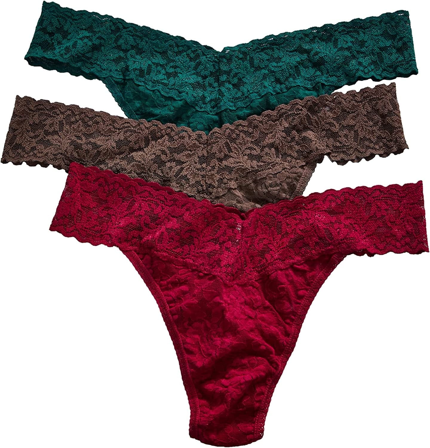 Hanky Panky, Signature Lace Original Rise Thong 3 Pack, One Size (4-14) Cranberry, Cappucino, Ivy / One Size
