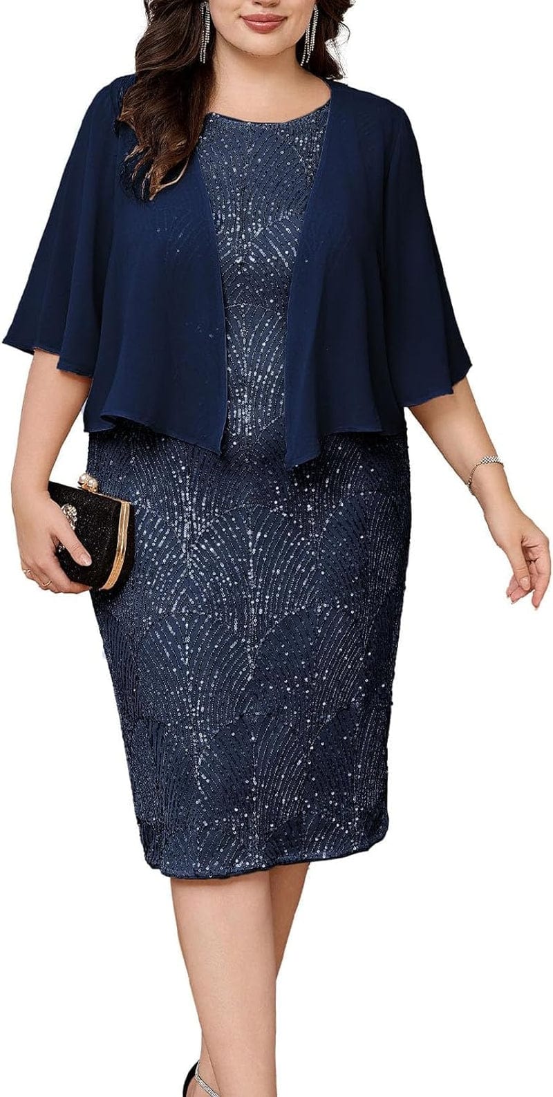 Hanna Nikole Womens Plus-Size-Formal-Dress, 2 Pieces Mother of the Bride Sequins Evening Party Dress with Chiffon Jacket Dark Blue / 16 Plus