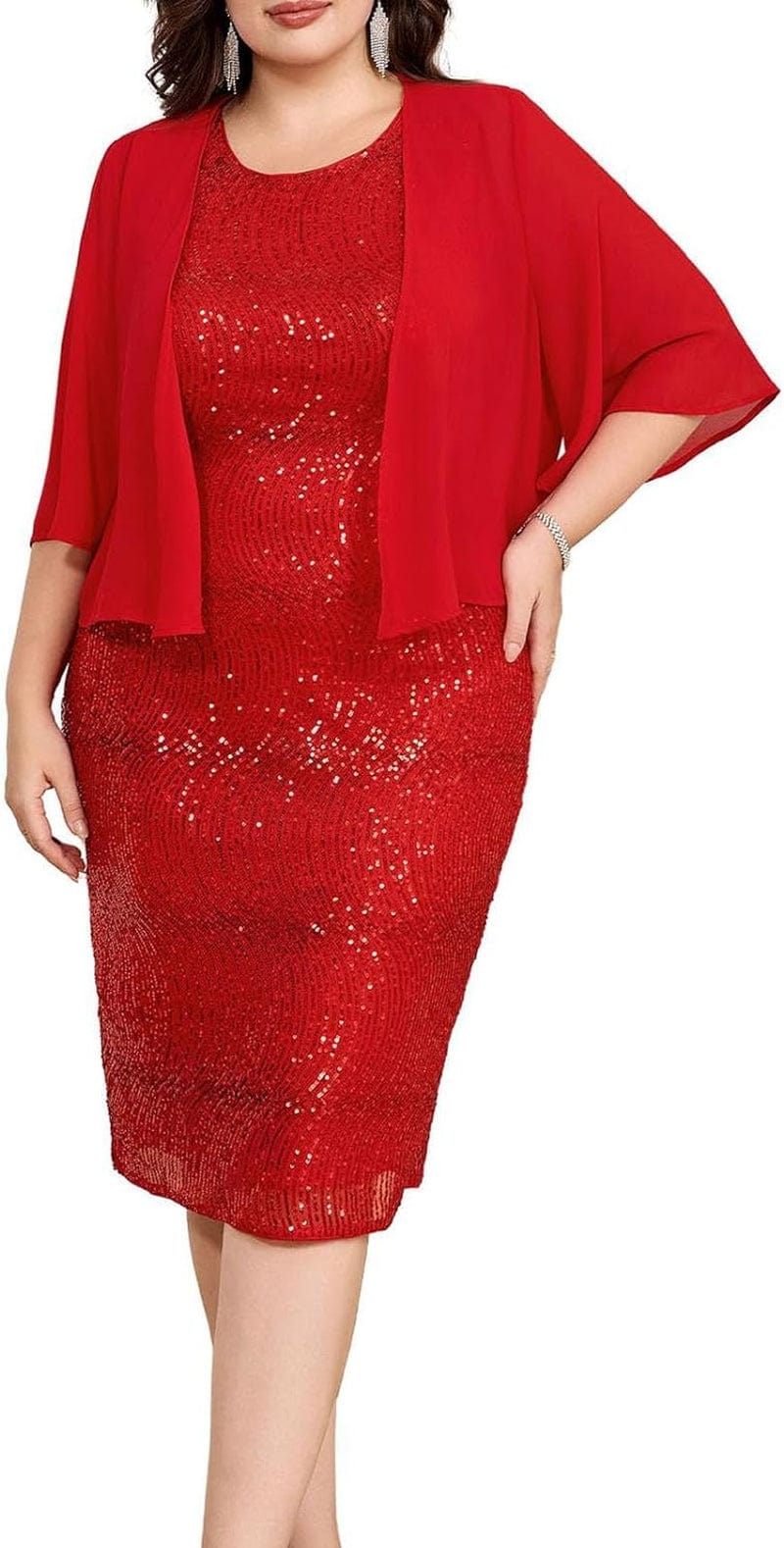 Hanna Nikole Womens Plus-Size-Formal-Dress, 2 Pieces Mother of the Bride Sequins Evening Party Dress with Chiffon Jacket Red / 20 Plus