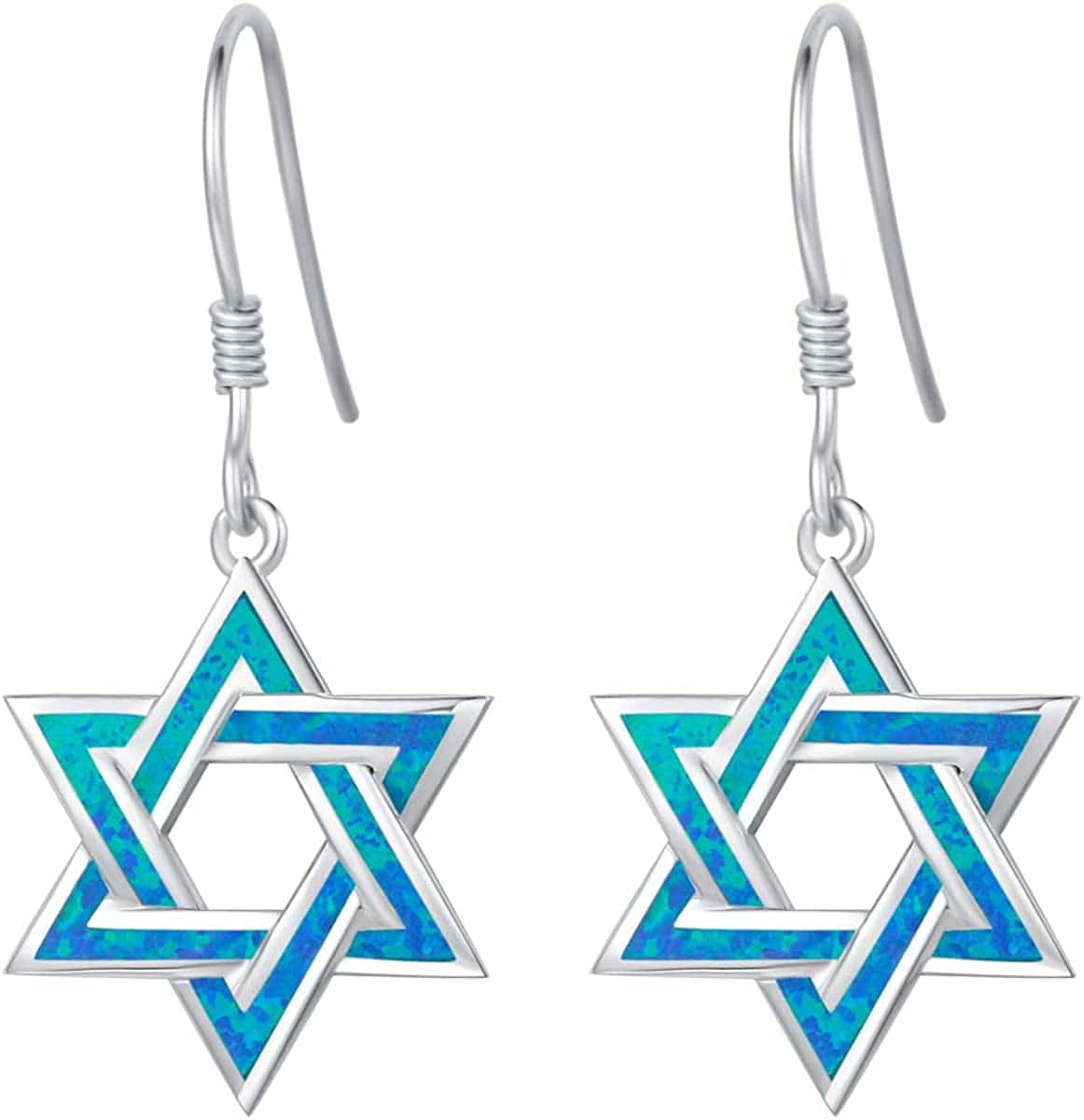 Hanukkah Sterling Silver Created Blue Opal Star Necklace/Dangle Earrings/Bracelet Charm Danity October Birthstone Fine Jewelry for Women blue