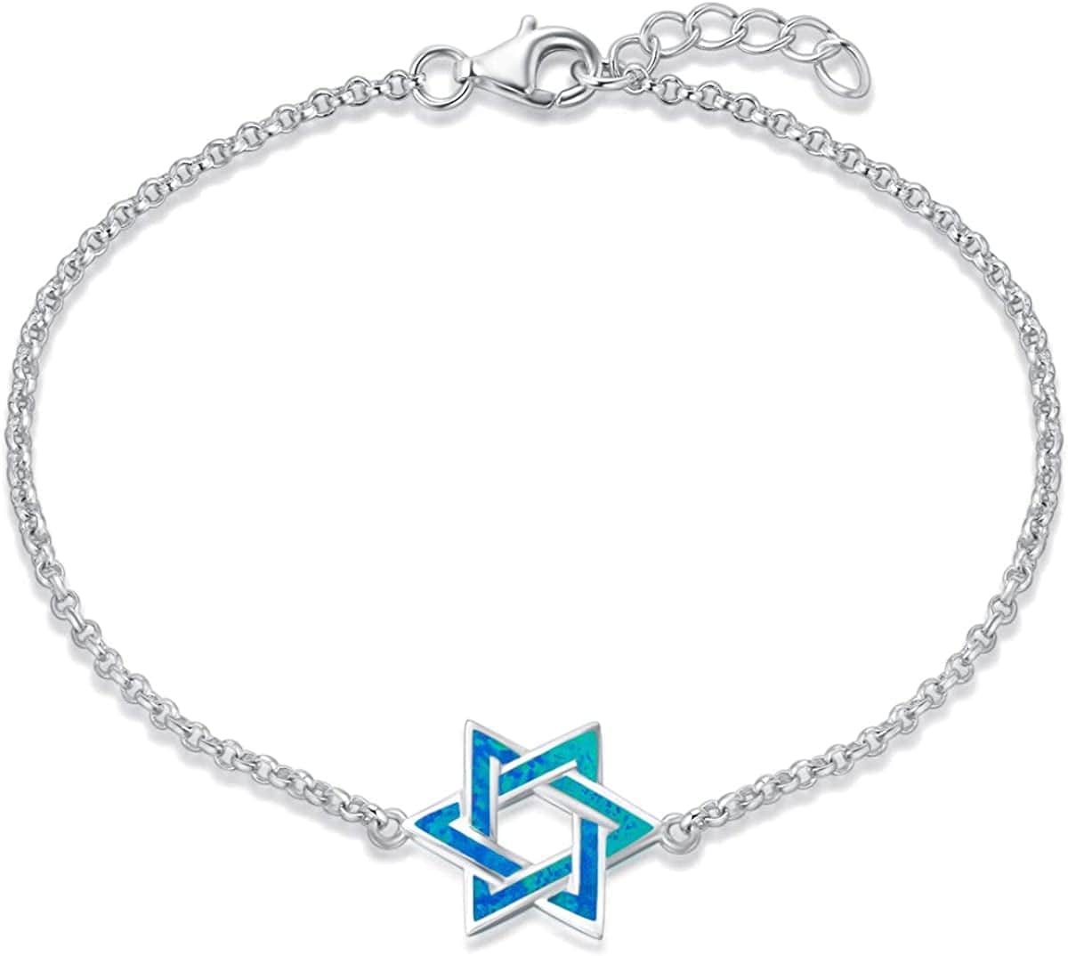 Hanukkah Sterling Silver Created Blue Opal Star Necklace/Dangle Earrings/Bracelet Charm Danity October Birthstone Fine Jewelry for Women Bracelet