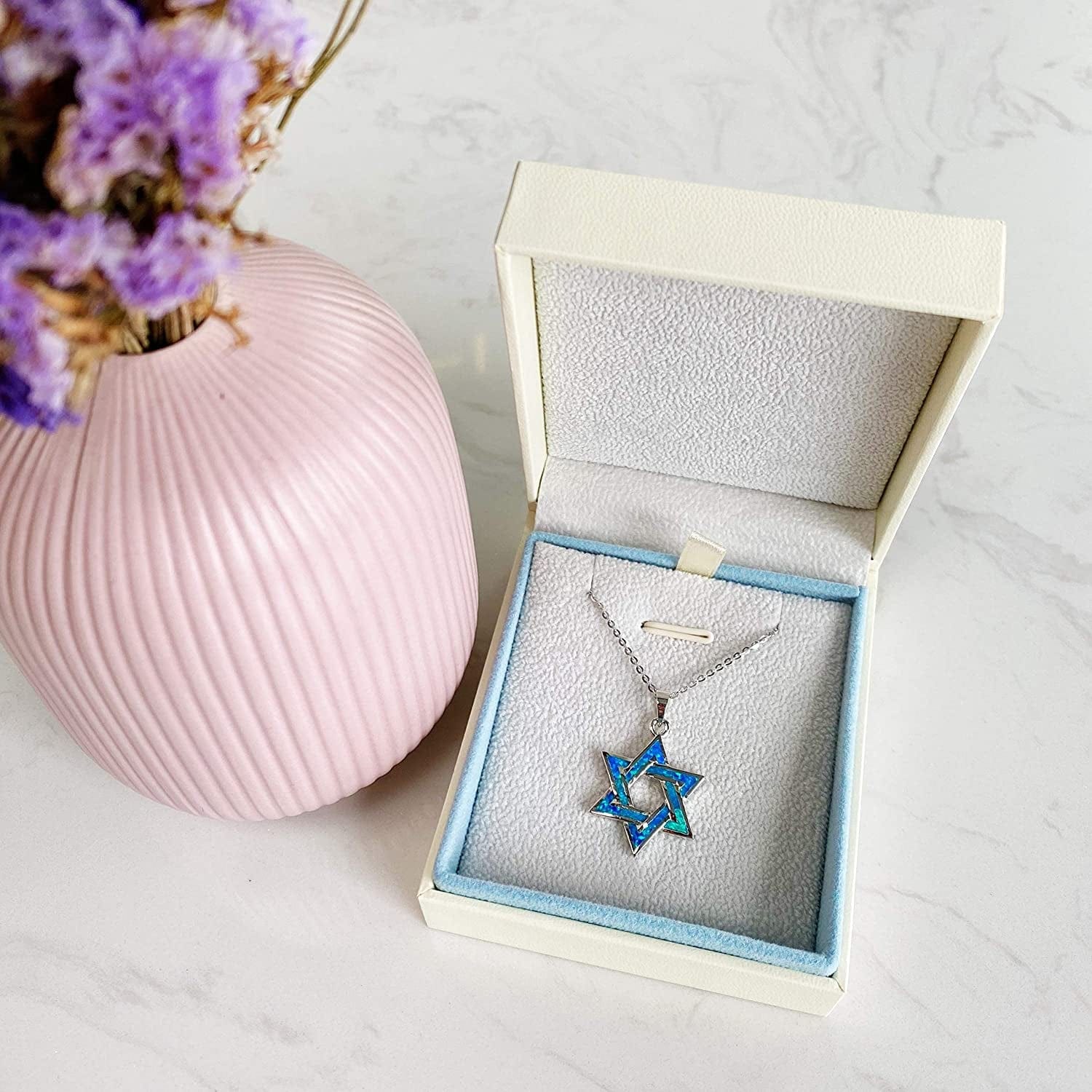Hanukkah Sterling Silver Created Blue Opal Star Necklace/Dangle Earrings/Bracelet Charm Danity October Birthstone Fine Jewelry for Women