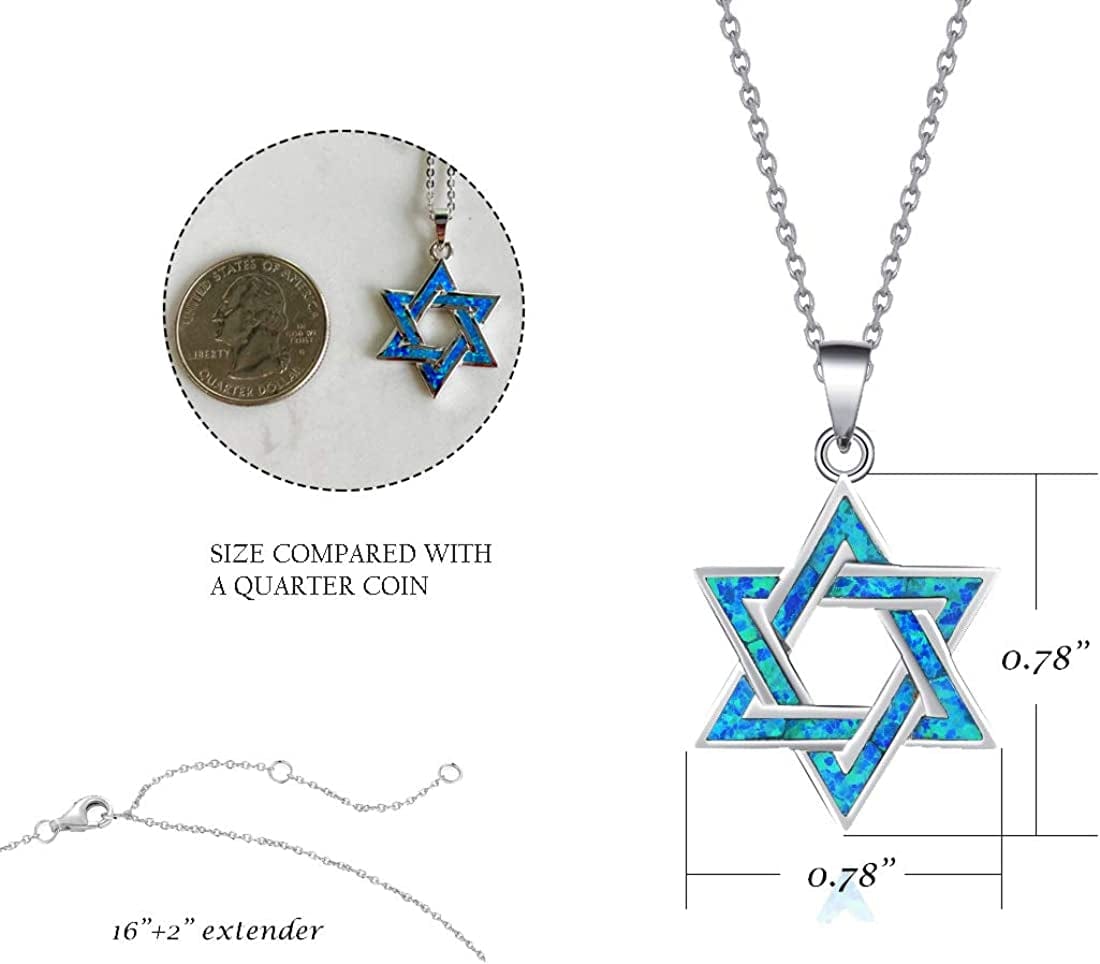 Hanukkah Sterling Silver Created Blue Opal Star Necklace/Dangle Earrings/Bracelet Charm Danity October Birthstone Fine Jewelry for Women