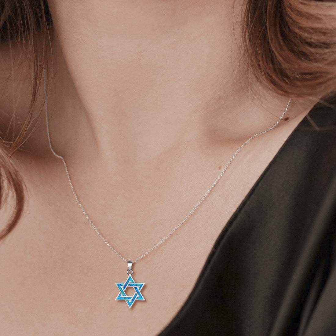 Hanukkah Sterling Silver Created Blue Opal Star Necklace/Dangle Earrings/Bracelet Charm Danity October Birthstone Fine Jewelry for Women