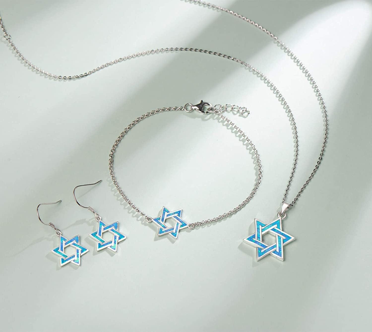 Hanukkah Sterling Silver Created Blue Opal Star Necklace/Dangle Earrings/Bracelet Charm Danity October Birthstone Fine Jewelry for Women