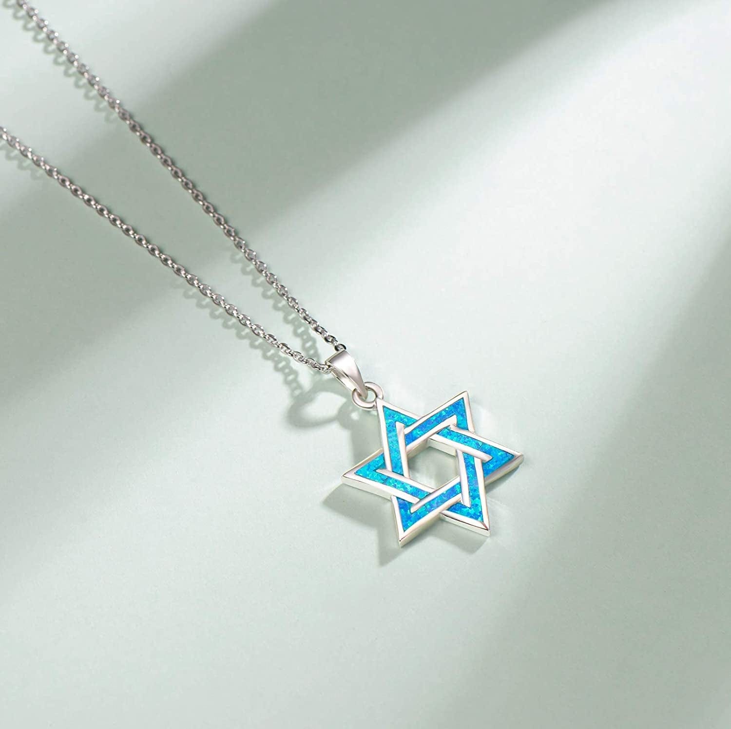 Hanukkah Sterling Silver Created Blue Opal Star Necklace/Dangle Earrings/Bracelet Charm Danity October Birthstone Fine Jewelry for Women