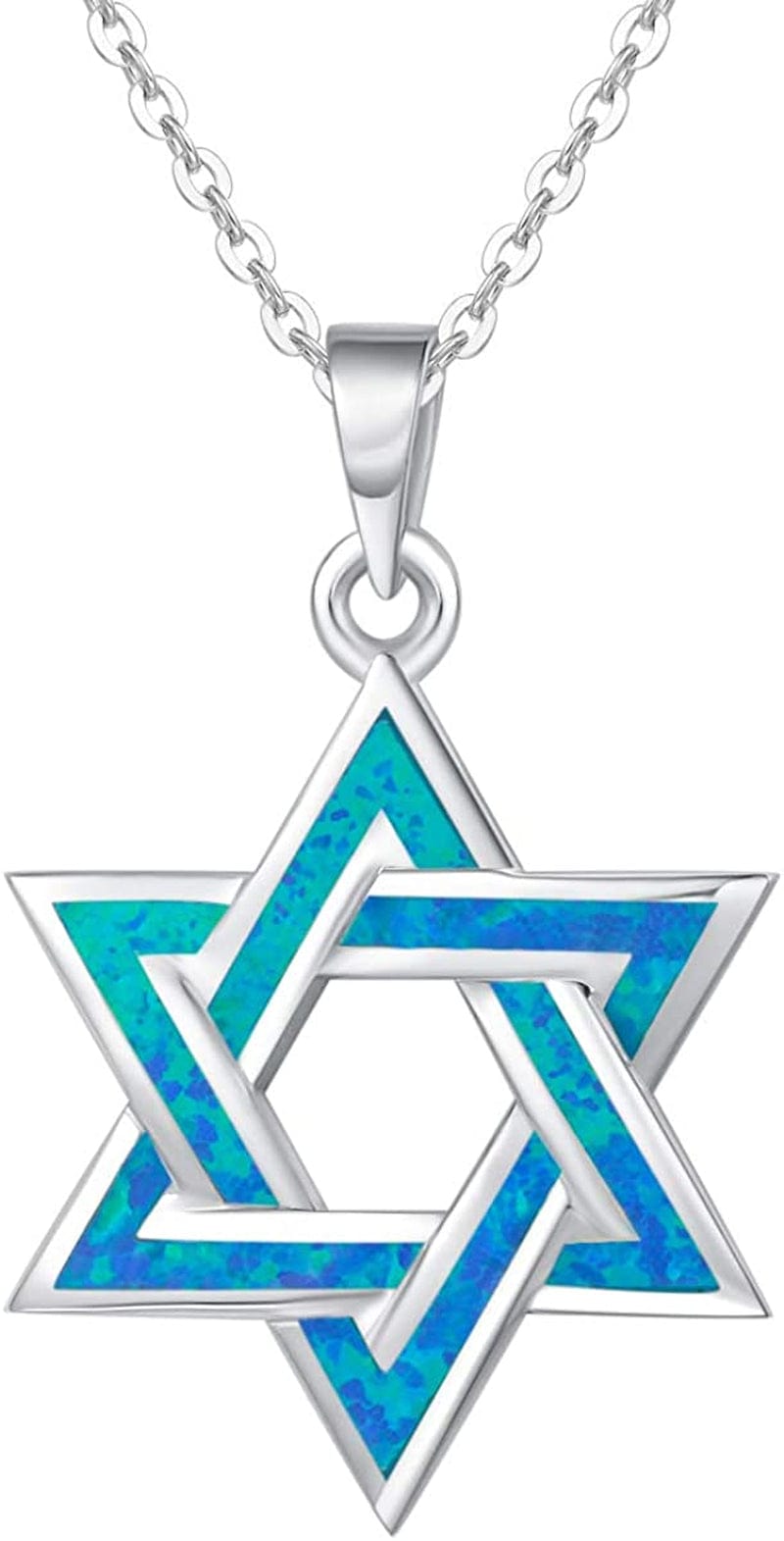 Hanukkah Sterling Silver Created Blue Opal Star Necklace/Dangle Earrings/Bracelet Charm Danity October Birthstone Fine Jewelry for Women Necklace