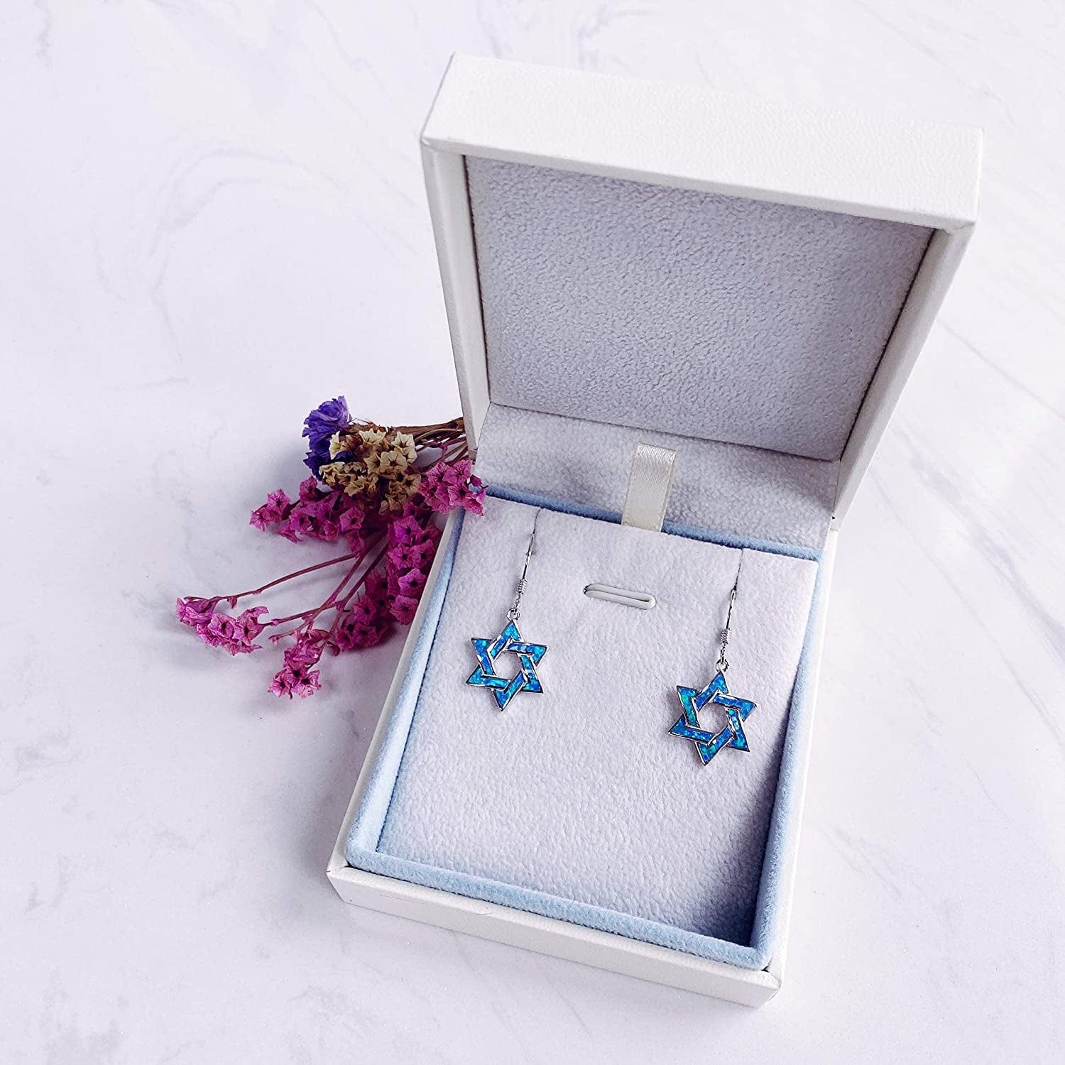 Hanukkah Sterling Silver Created Blue Opal Star Necklace/Dangle Earrings/Bracelet Charm Danity October Birthstone Fine Jewelry for Women