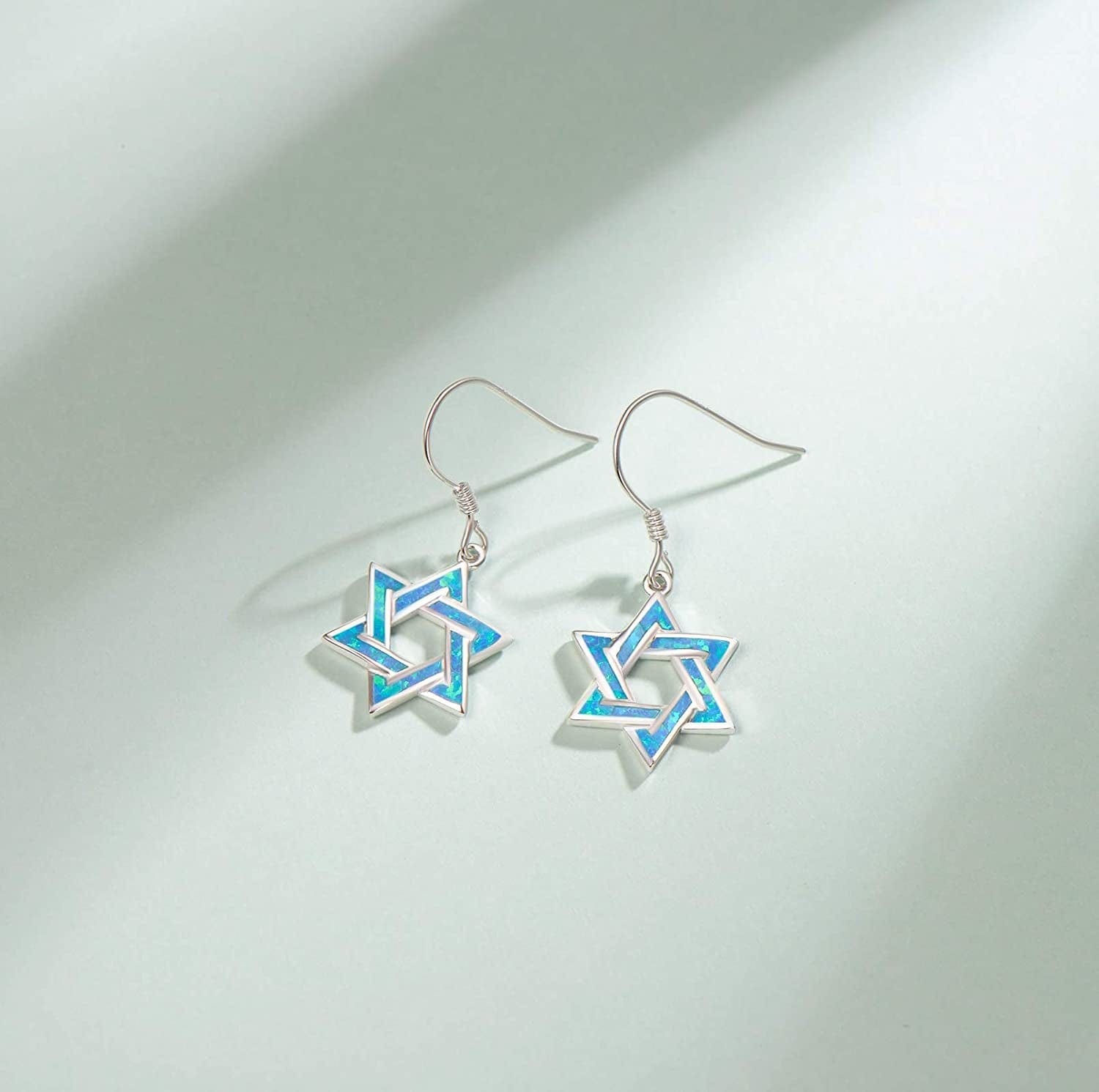 Hanukkah Sterling Silver Created Blue Opal Star Necklace/Dangle Earrings/Bracelet Charm Danity October Birthstone Fine Jewelry for Women