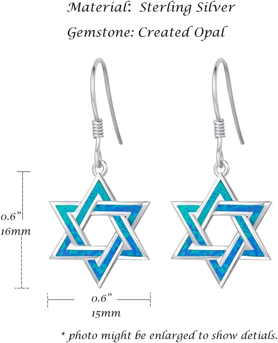 Hanukkah Sterling Silver Created Blue Opal Star Necklace/Dangle Earrings/Bracelet Charm Danity October Birthstone Fine Jewelry for Women