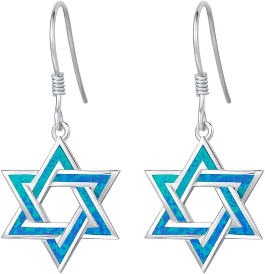 Hanukkah Sterling Silver Created Blue Opal Star Necklace/Dangle Earrings/Bracelet Charm Danity October Birthstone Fine Jewelry for Women blue