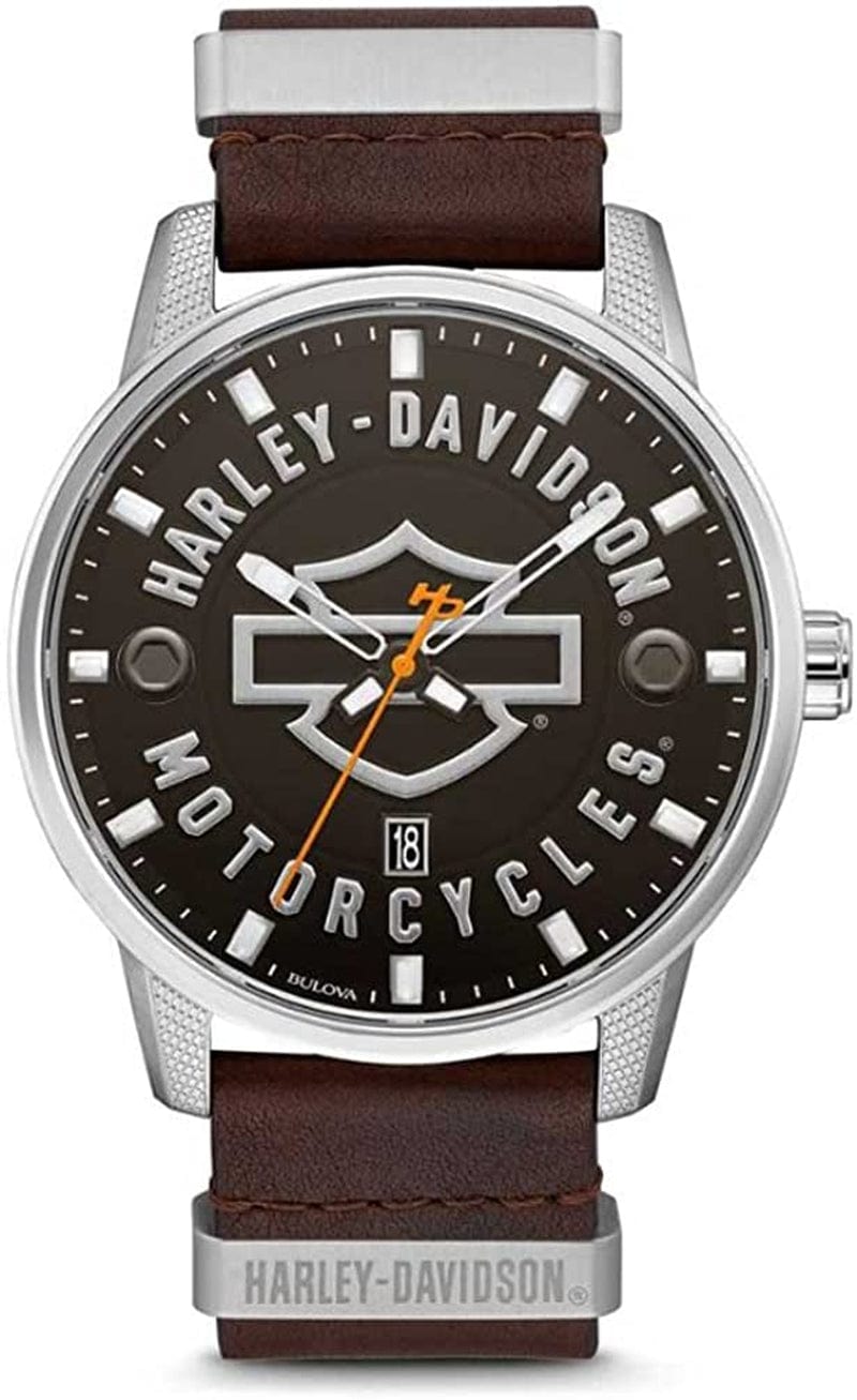 HARLEY-DAVIDSON Men'S Alloy Steel Quartz Watch with Leather Strap, Brown, 11 (Model: 76B178)