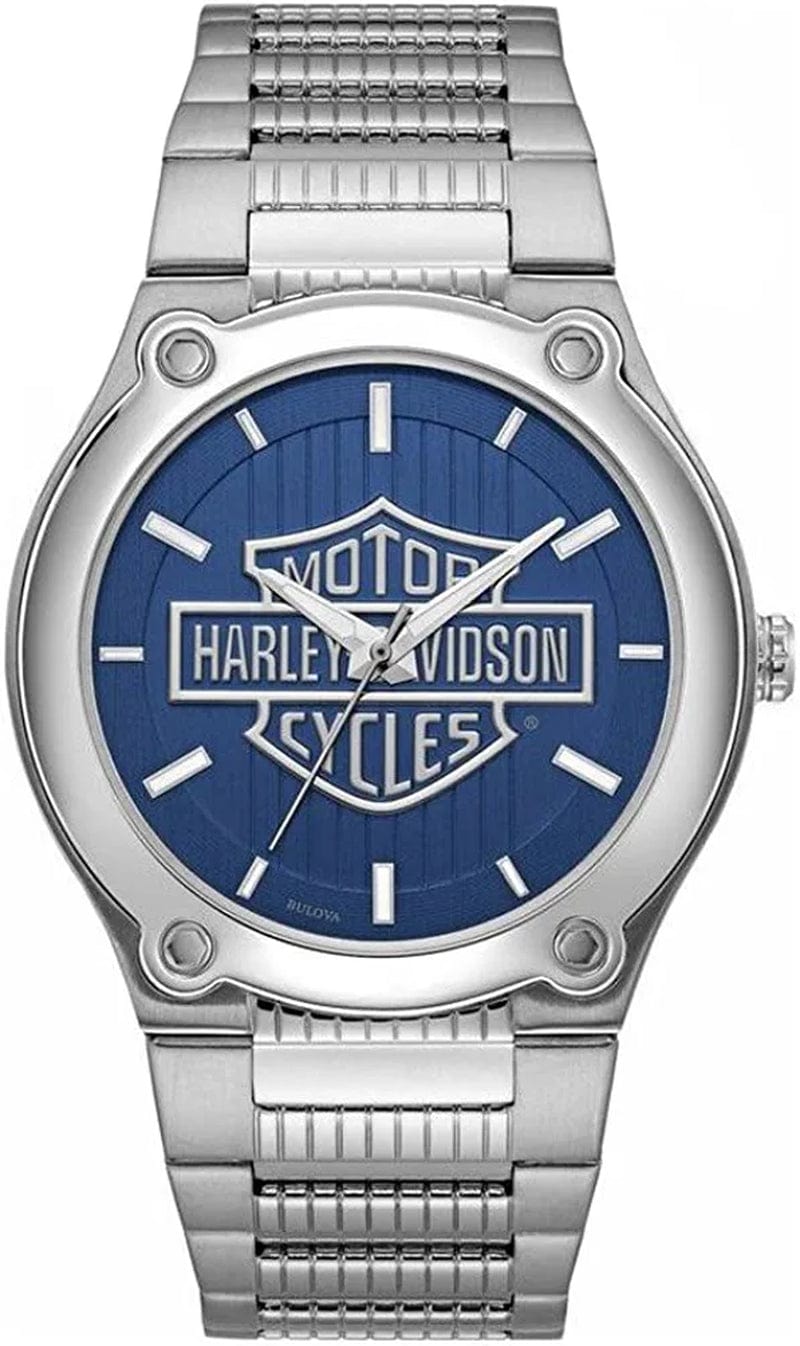 Harley-Davidson Men'S Blue Patterned Bar & Shield Stainless Steel Watch 76A159