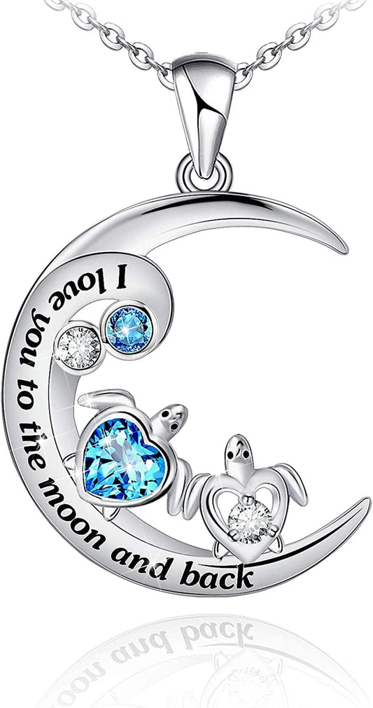 Health and Longevity Mom and Baby Sea Turtle Pendant Necklace for Women 925 Sterling Silver Love Heart Jewelry Gifts for Women Girls Mother Wife I love you to the moon and back turtle necklace