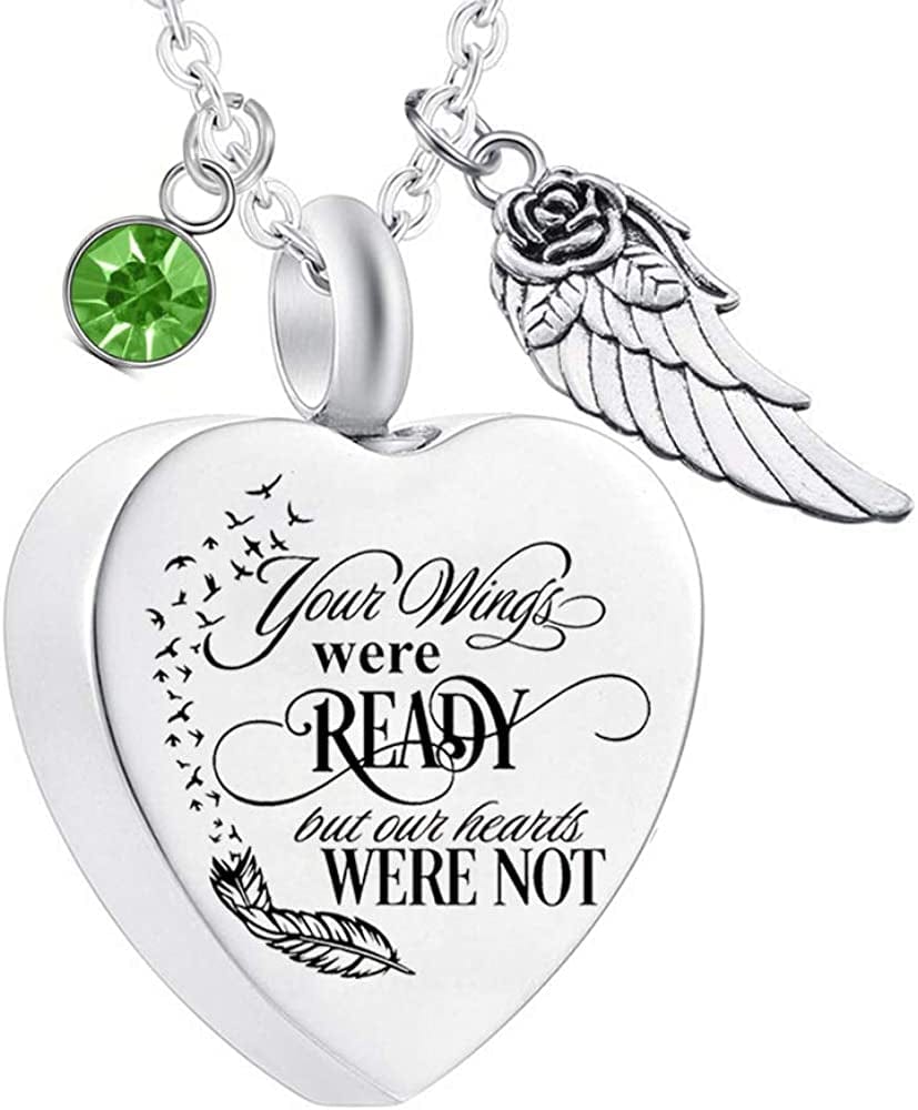 Heart Cremation Urn Necklace for Ashes Urn Jewelry Memorial Pendant with Fill Kit and Gift Velvet Bag - Your Wings Were Ready but Our Hearts Were Not August