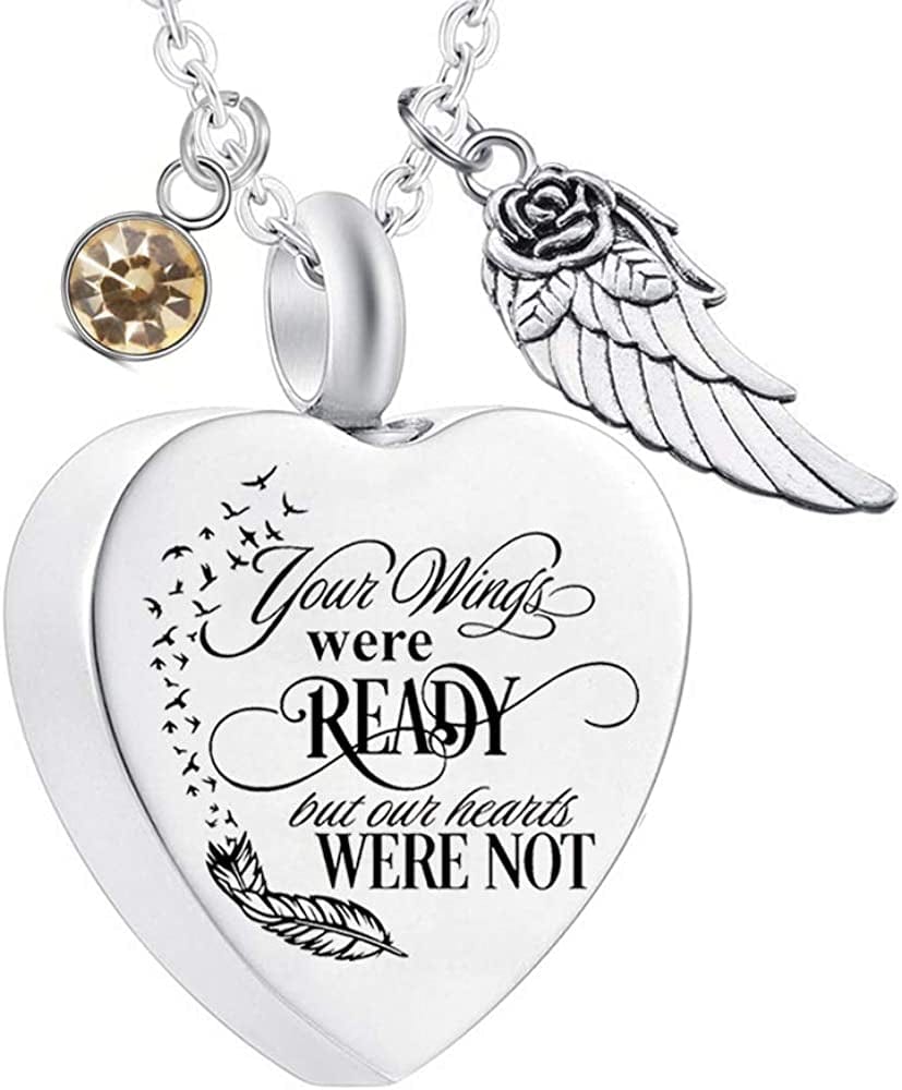 Heart Cremation Urn Necklace for Ashes Urn Jewelry Memorial Pendant with Fill Kit and Gift Velvet Bag - Your Wings Were Ready but Our Hearts Were Not November