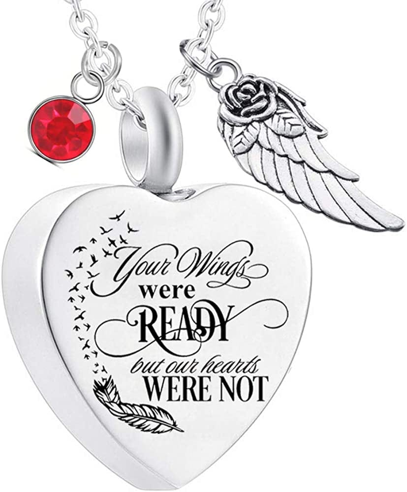 Heart Cremation Urn Necklace for Ashes Urn Jewelry Memorial Pendant with Fill Kit and Gift Velvet Bag - Your Wings Were Ready but Our Hearts Were Not July