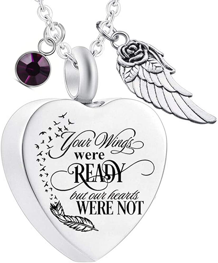 Heart Cremation Urn Necklace for Ashes Urn Jewelry Memorial Pendant with Fill Kit and Gift Velvet Bag - Your Wings Were Ready but Our Hearts Were Not February
