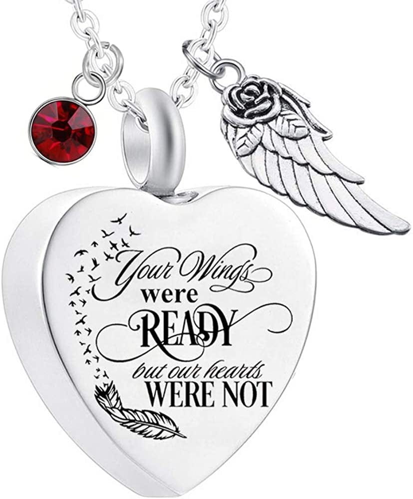 Heart Cremation Urn Necklace for Ashes Urn Jewelry Memorial Pendant with Fill Kit and Gift Velvet Bag - Your Wings Were Ready but Our Hearts Were Not january