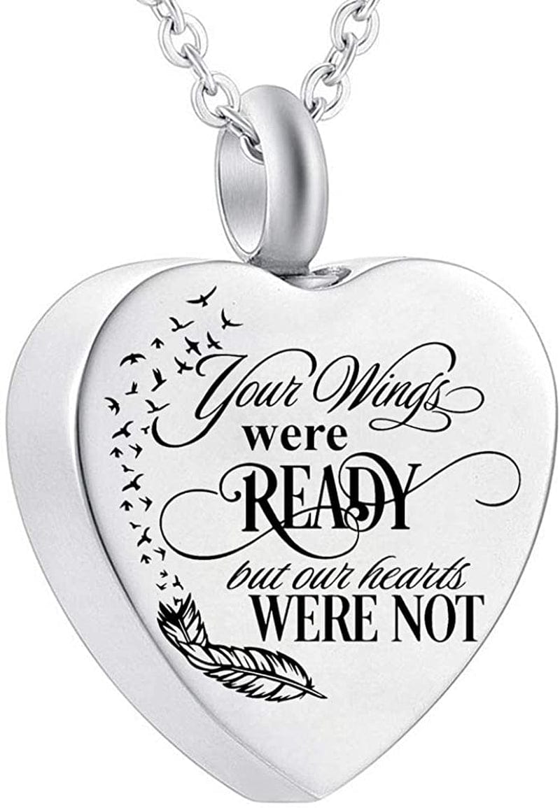 Heart Cremation Urn Necklace for Ashes Urn Jewelry Memorial Pendant with Fill Kit and Gift Velvet Bag - Your Wings Were Ready but Our Hearts Were Not Silver Heart Necklace