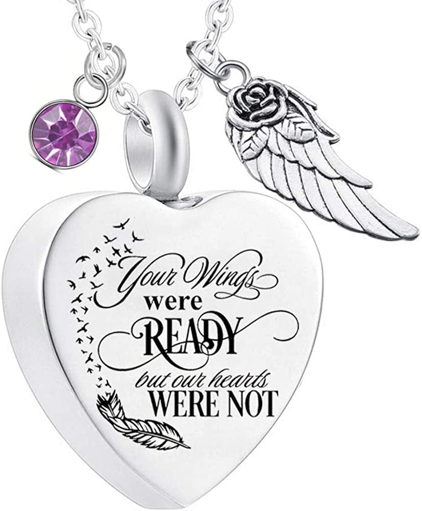 Heart Cremation Urn Necklace for Ashes Urn Jewelry Memorial Pendant with Fill Kit and Gift Velvet Bag - Your Wings Were Ready but Our Hearts Were Not June