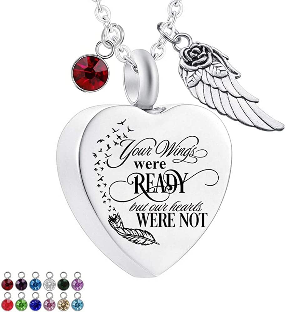 Heart Cremation Urn Necklace for Ashes Urn Jewelry Memorial Pendant with Fill Kit and Gift Velvet Bag - Your Wings Were Ready but Our Hearts Were Not Pendant&Angel Wing&12Pcs Birthstone