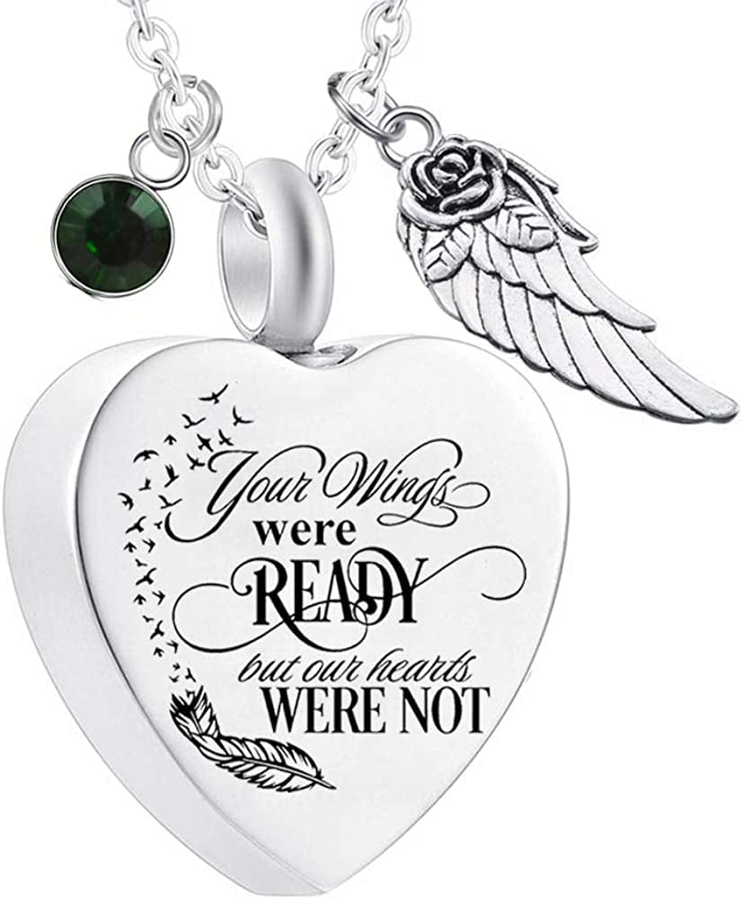 Heart Cremation Urn Necklace for Ashes Urn Jewelry Memorial Pendant with Fill Kit and Gift Velvet Bag - Your Wings Were Ready but Our Hearts Were Not May