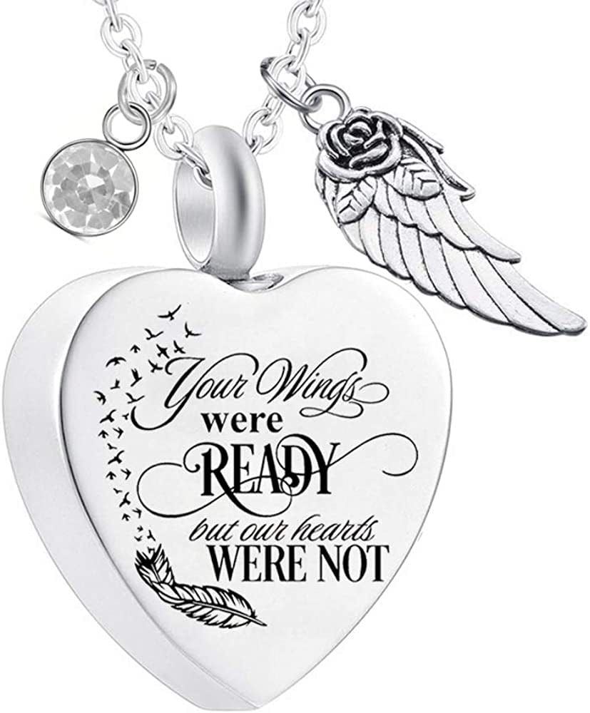 Heart Cremation Urn Necklace for Ashes Urn Jewelry Memorial Pendant with Fill Kit and Gift Velvet Bag - Your Wings Were Ready but Our Hearts Were Not April