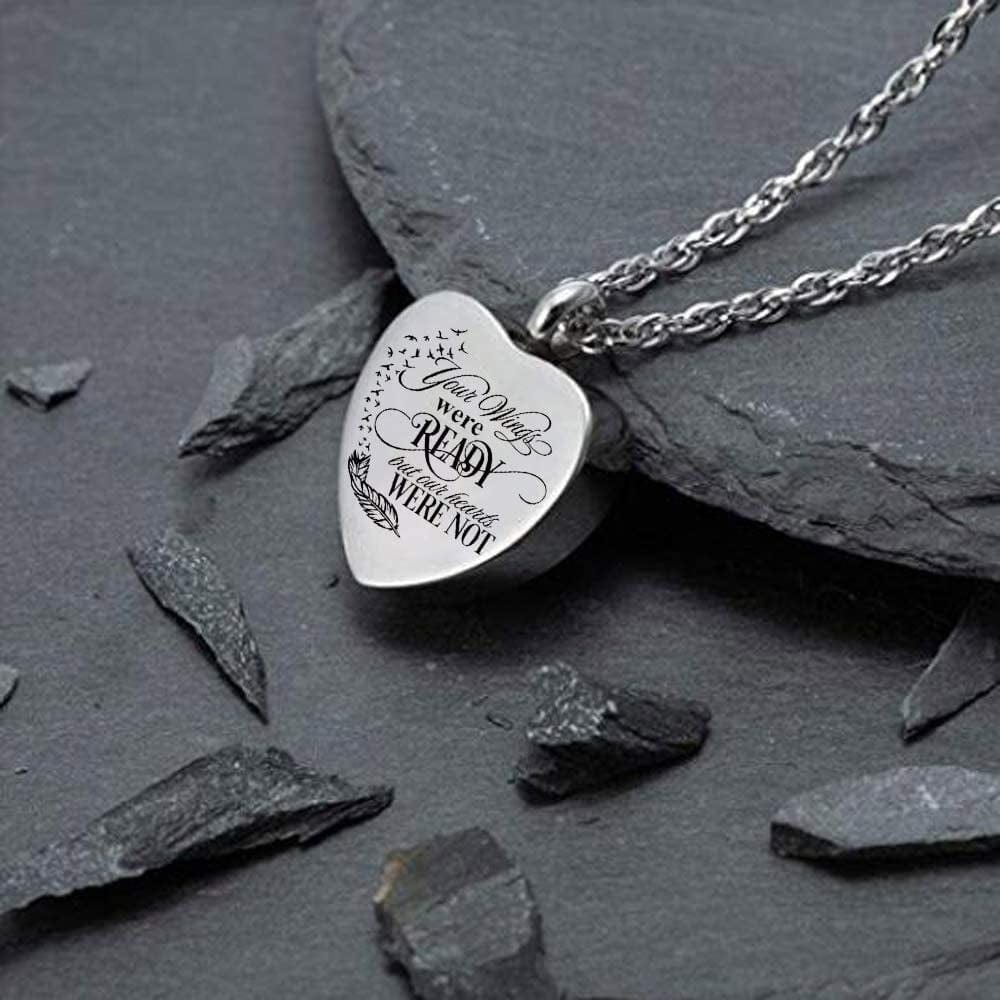 Heart Cremation Urn Necklace for Ashes Urn Jewelry Memorial Pendant with Fill Kit and Gift Velvet Bag - Your Wings Were Ready but Our Hearts Were Not