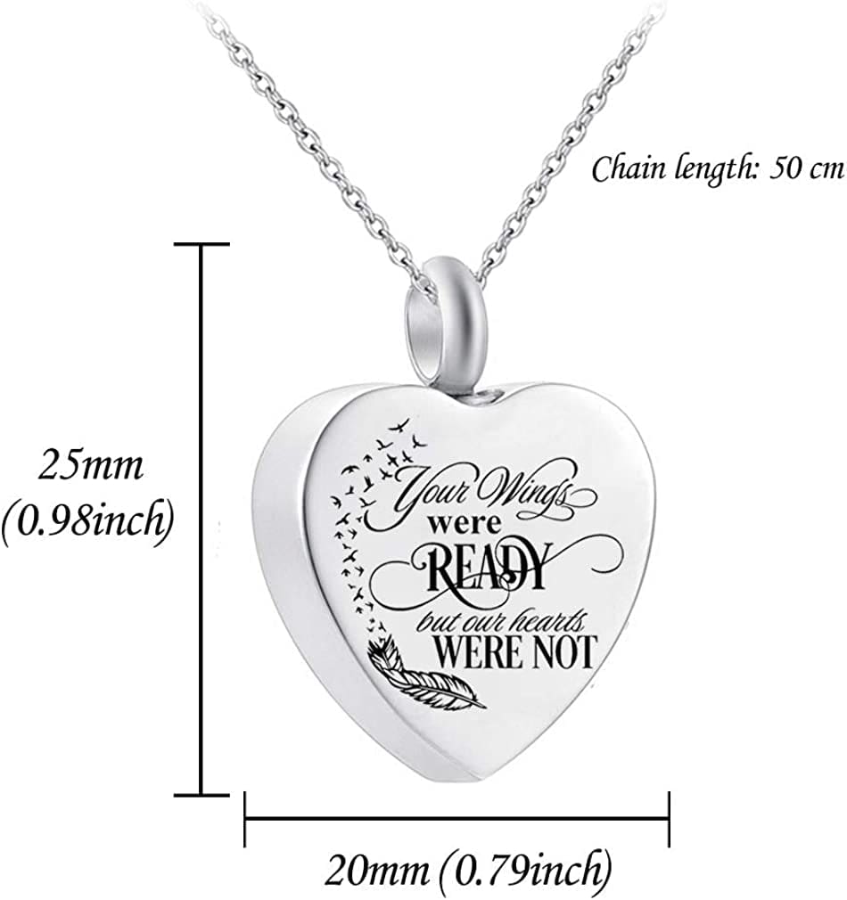 Heart Cremation Urn Necklace for Ashes Urn Jewelry Memorial Pendant with Fill Kit and Gift Velvet Bag - Your Wings Were Ready but Our Hearts Were Not