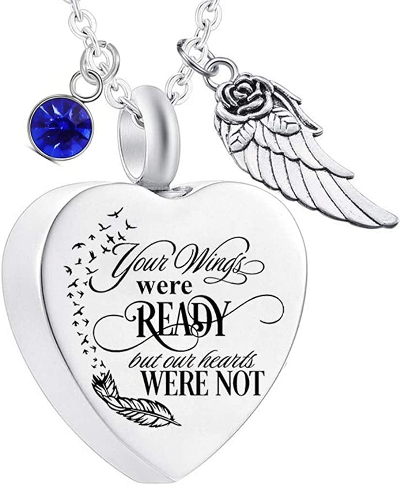 Heart Cremation Urn Necklace for Ashes Urn Jewelry Memorial Pendant with Fill Kit and Gift Velvet Bag - Your Wings Were Ready but Our Hearts Were Not September