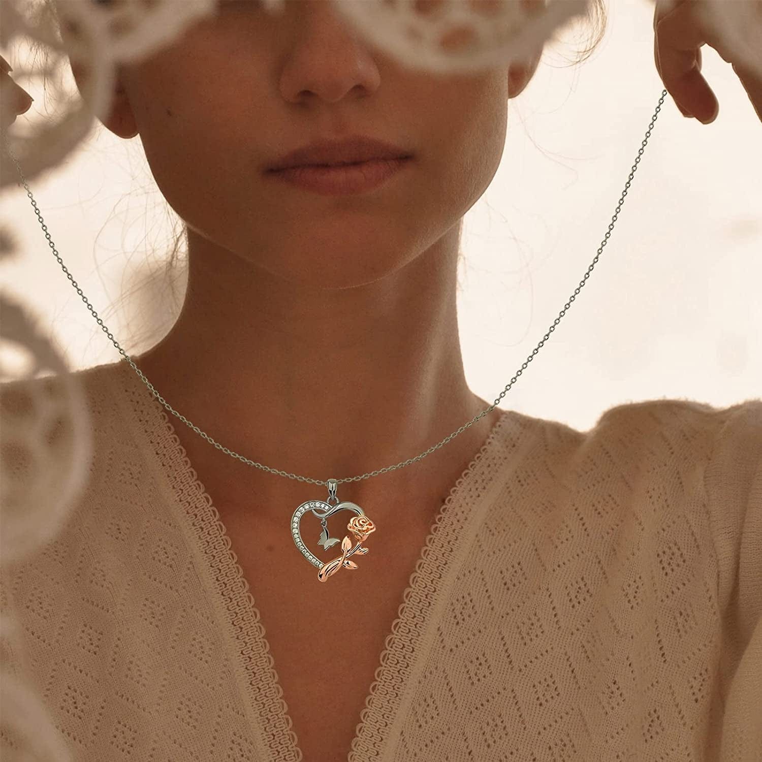 Heart Shaped Butterfly Rose Pendant Necklace 925 Sterling Silver, Ladies Heart Necklace 14K Gold Plated, Birthday Jewelry Gift for Girls