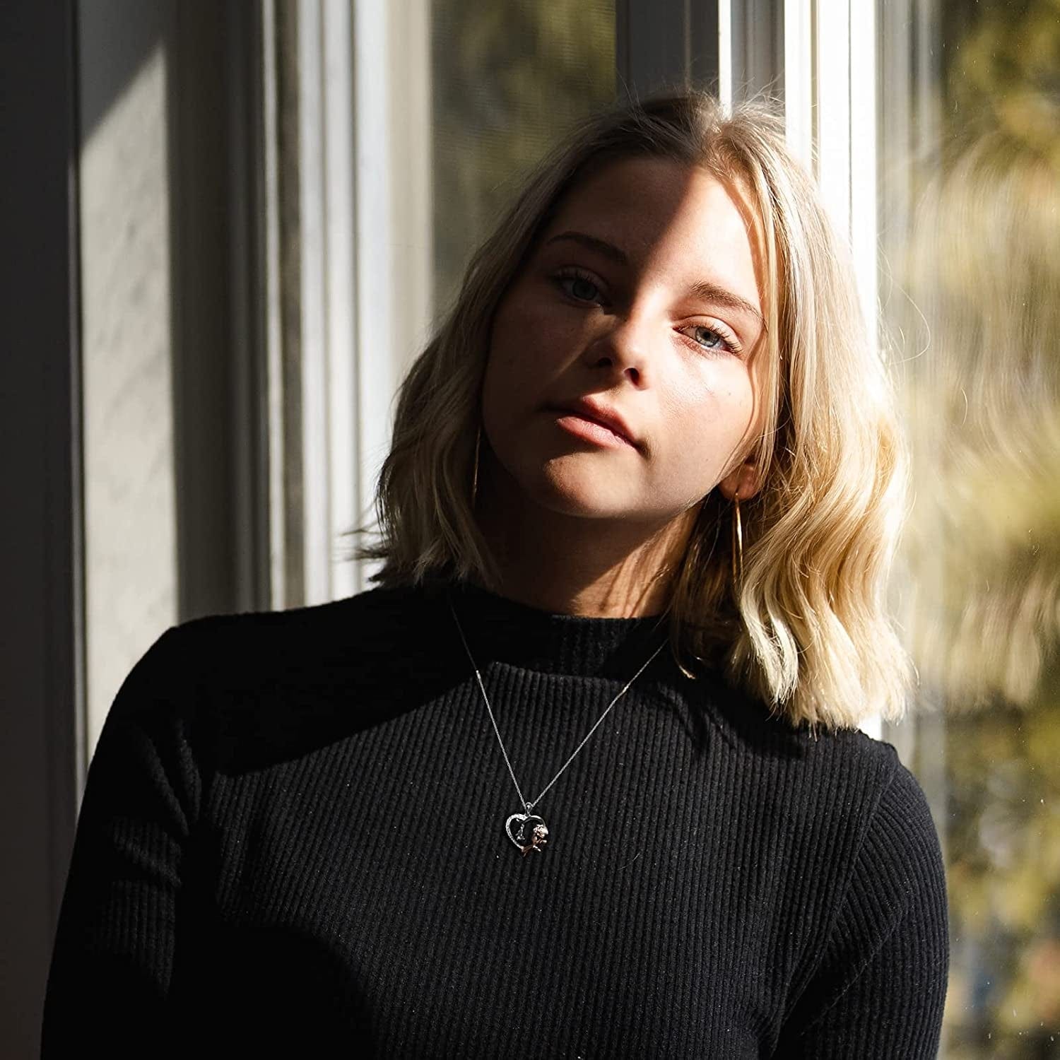 Heart Shaped Butterfly Rose Pendant Necklace 925 Sterling Silver, Ladies Heart Necklace 14K Gold Plated, Birthday Jewelry Gift for Girls