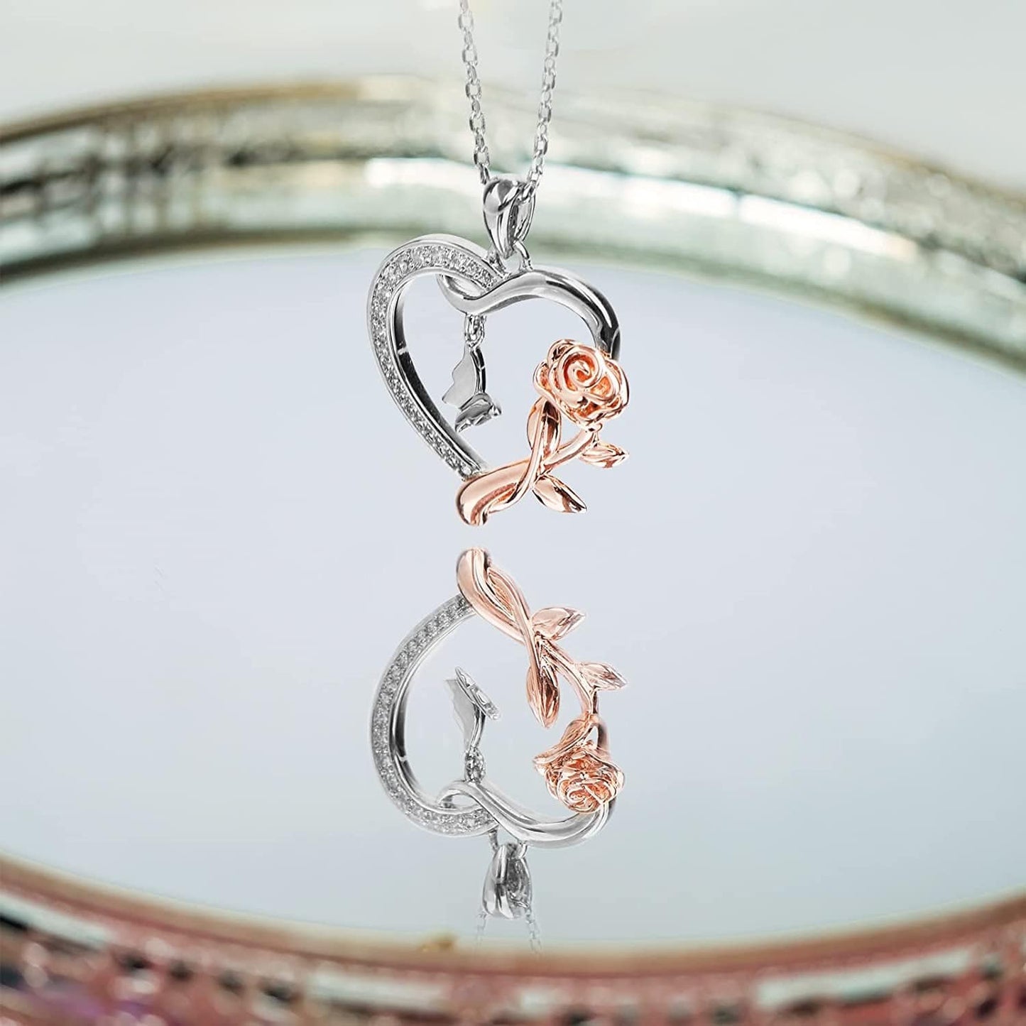 Heart Shaped Butterfly Rose Pendant Necklace 925 Sterling Silver, Ladies Heart Necklace 14K Gold Plated, Birthday Jewelry Gift for Girls