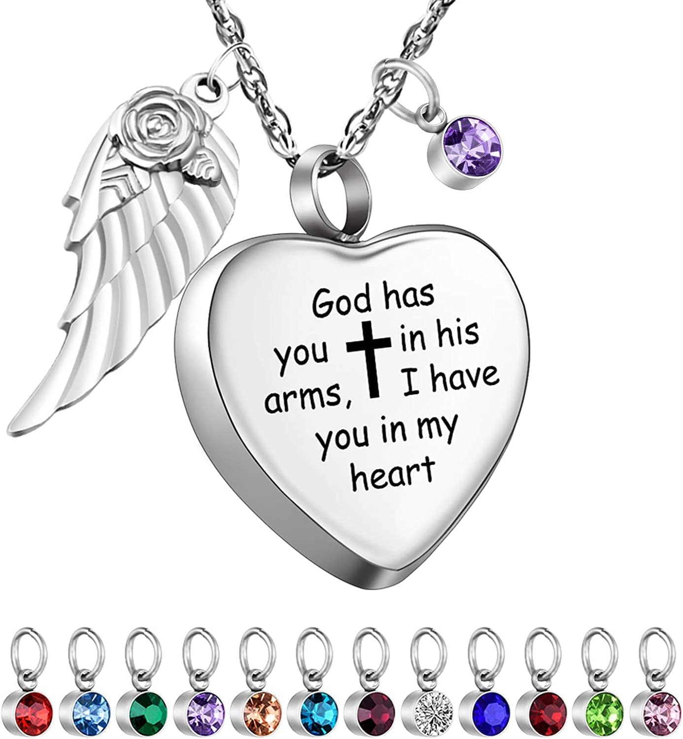 Heart Urn Necklace for Ashes Cremation Jewelry for Ashes with 12 Birthstones Ashes Necklace with Angel Wing Charm -God Has You in His Arms, I Have You in My Heart Cross+God has you
