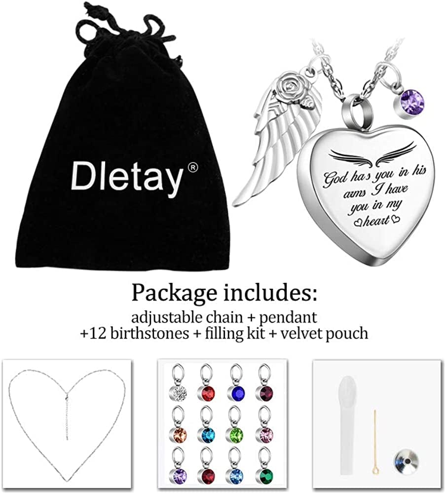 Heart Urn Necklace for Ashes Cremation Jewelry for Ashes with 12 Birthstones Ashes Necklace with Angel Wing Charm -God Has You in His Arms, I Have You in My Heart