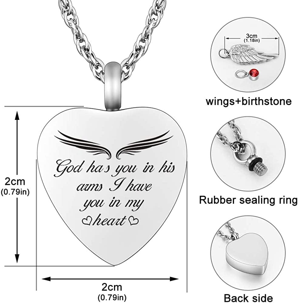 Heart Urn Necklace for Ashes Cremation Jewelry for Ashes with 12 Birthstones Ashes Necklace with Angel Wing Charm -God Has You in His Arms, I Have You in My Heart