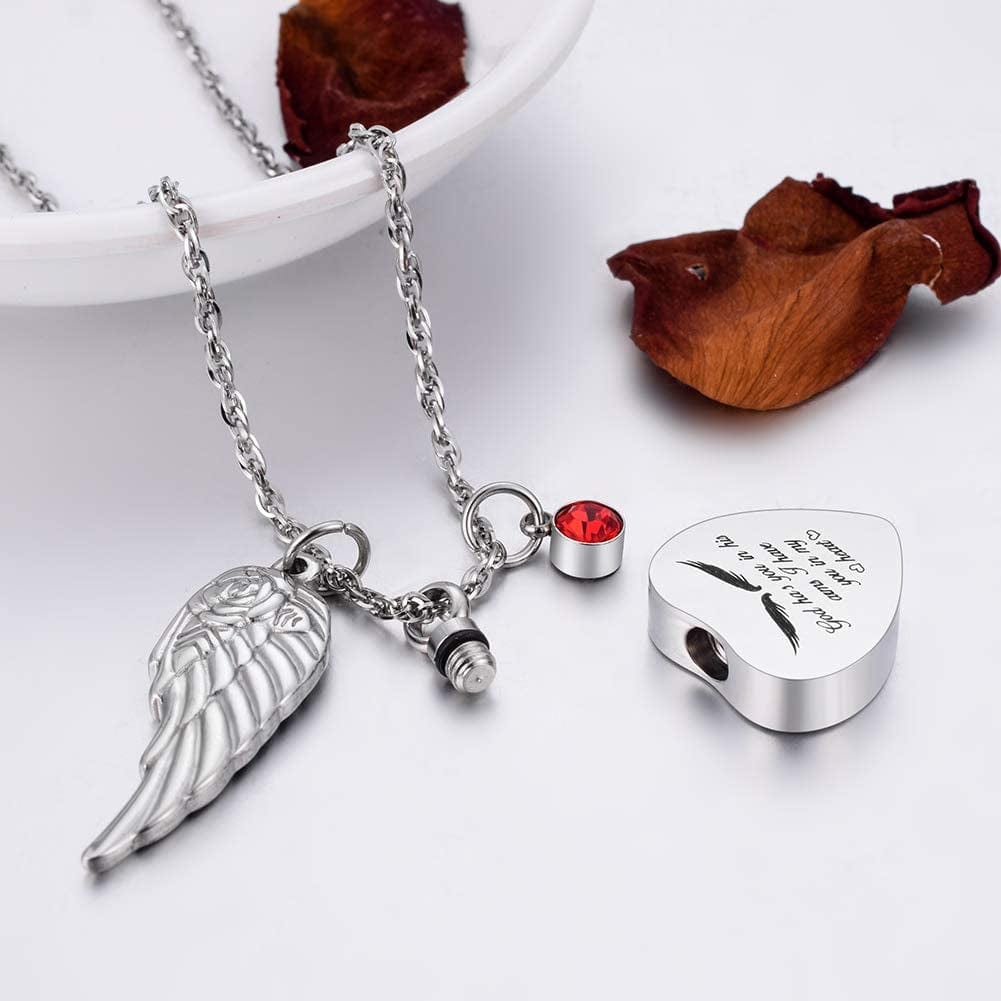 Heart Urn Necklace for Ashes Cremation Jewelry for Ashes with 12 Birthstones Ashes Necklace with Angel Wing Charm -God Has You in His Arms, I Have You in My Heart