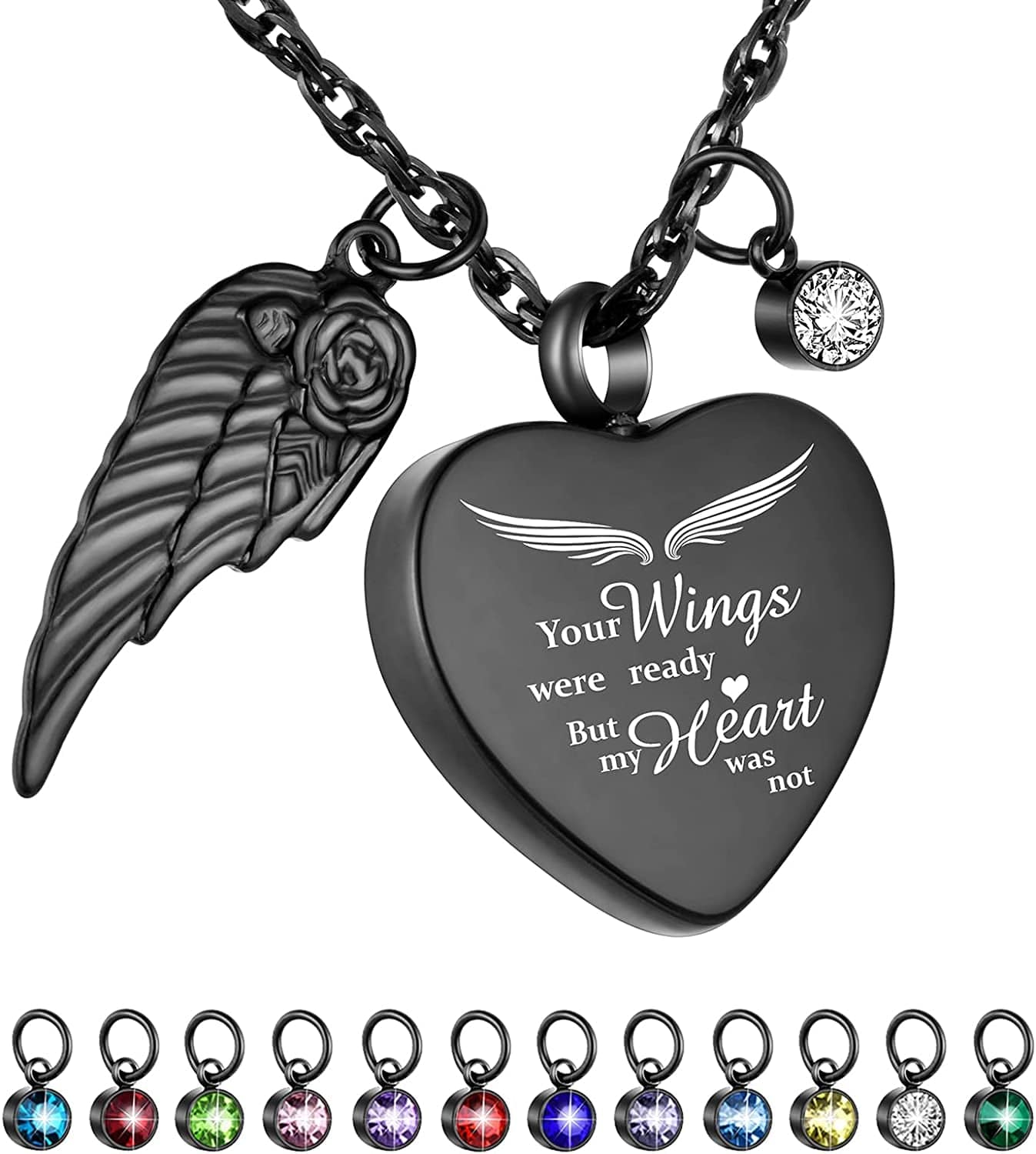 Heart Urn Necklace for Ashes with 12 Birthstones Cremation Jewelry for Ashes -Your Wings Were Ready My Heart Was Not Black