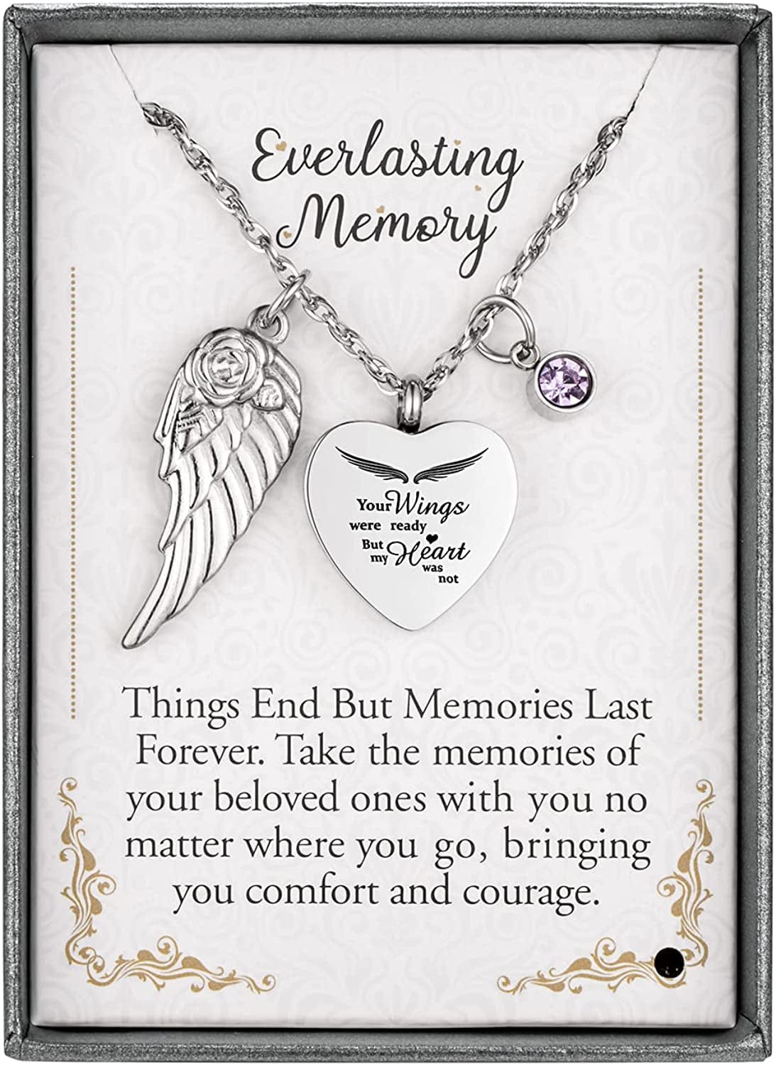 Heart Urn Necklace for Ashes with 12 Birthstones Cremation Jewelry for Ashes -Your Wings Were Ready My Heart Was Not Silver-Box