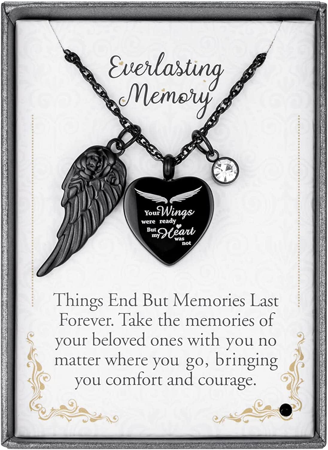 Heart Urn Necklace for Ashes with 12 Birthstones Cremation Jewelry for Ashes -Your Wings Were Ready My Heart Was Not Black-Box