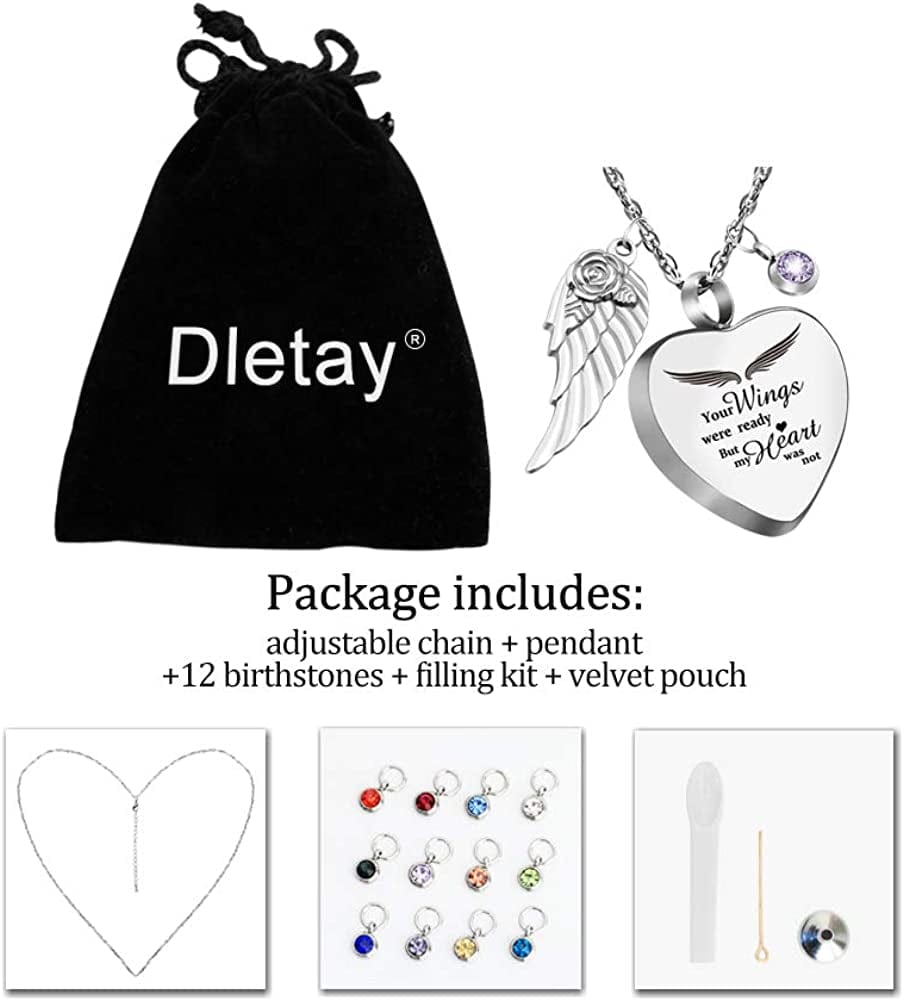 Heart Urn Necklace for Ashes with 12 Birthstones Cremation Jewelry for Ashes -Your Wings Were Ready My Heart Was Not
