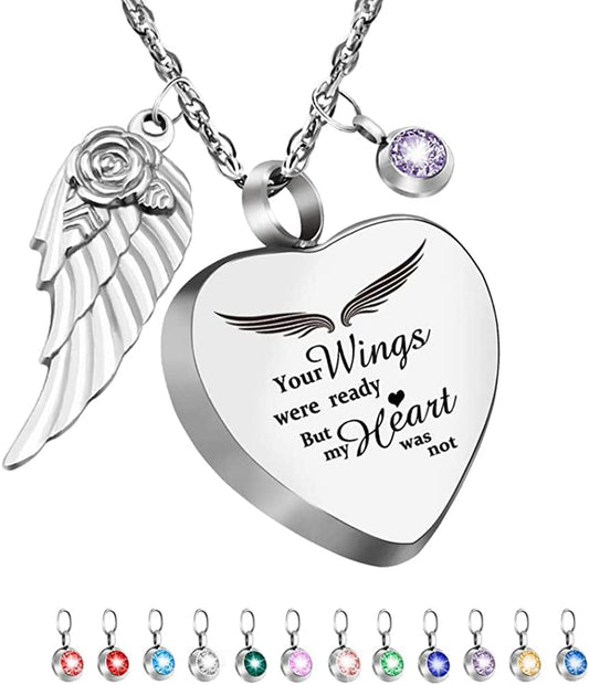 Heart Urn Necklace for Ashes with 12 Birthstones Cremation Jewelry for Ashes -Your Wings Were Ready My Heart Was Not Silver